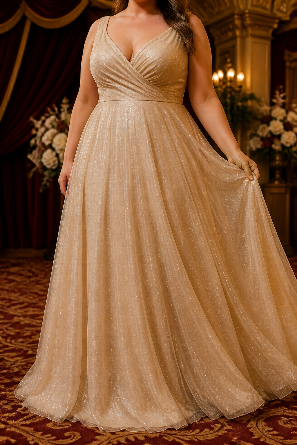 A variety of plus size champagne prom dresses displayed together.