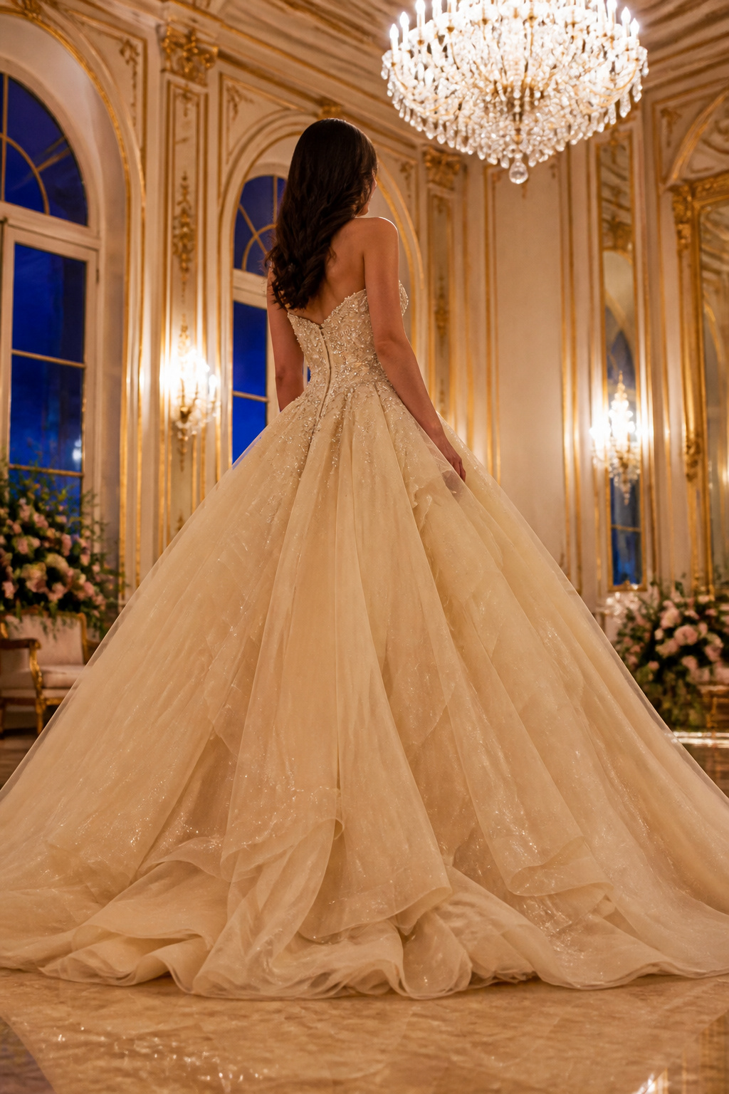 A champagne ball gown with a voluminous skirt displayed elegantly.