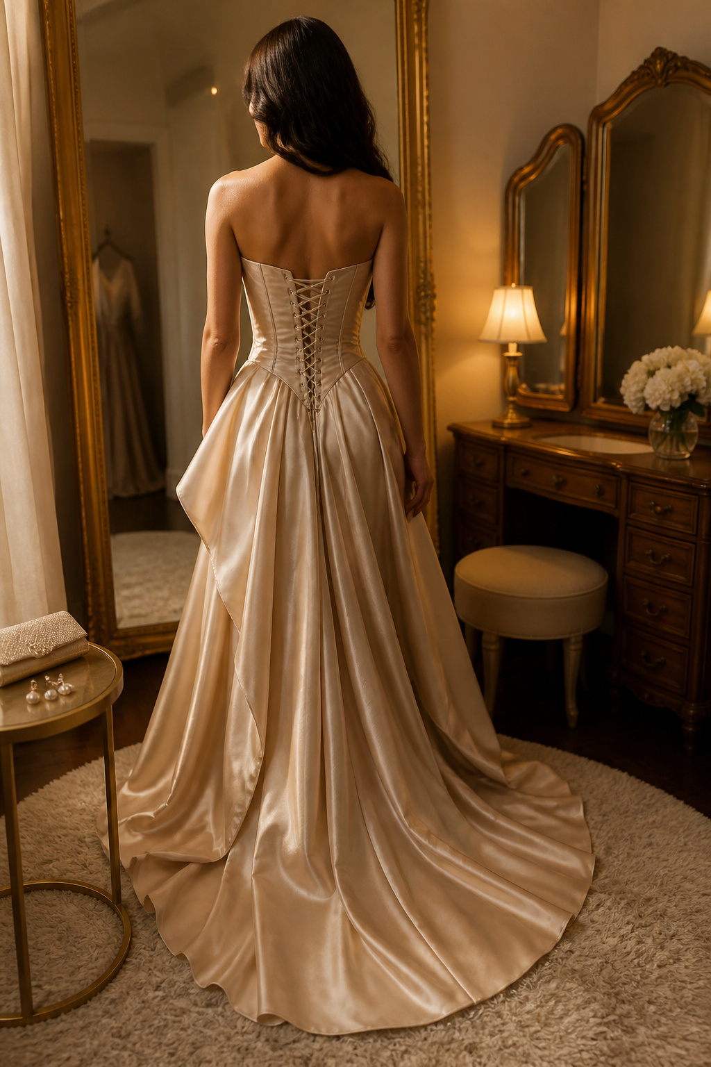 A corset bodice champagne prom dress displayed with intricate lacing.