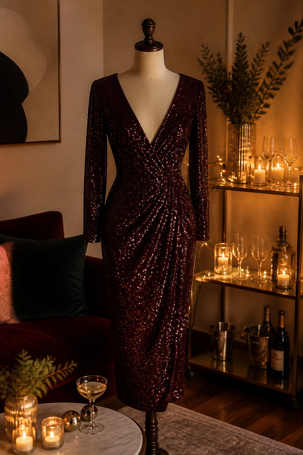 A sequin dress with a deep neckline on a mannequin near a bar cart.