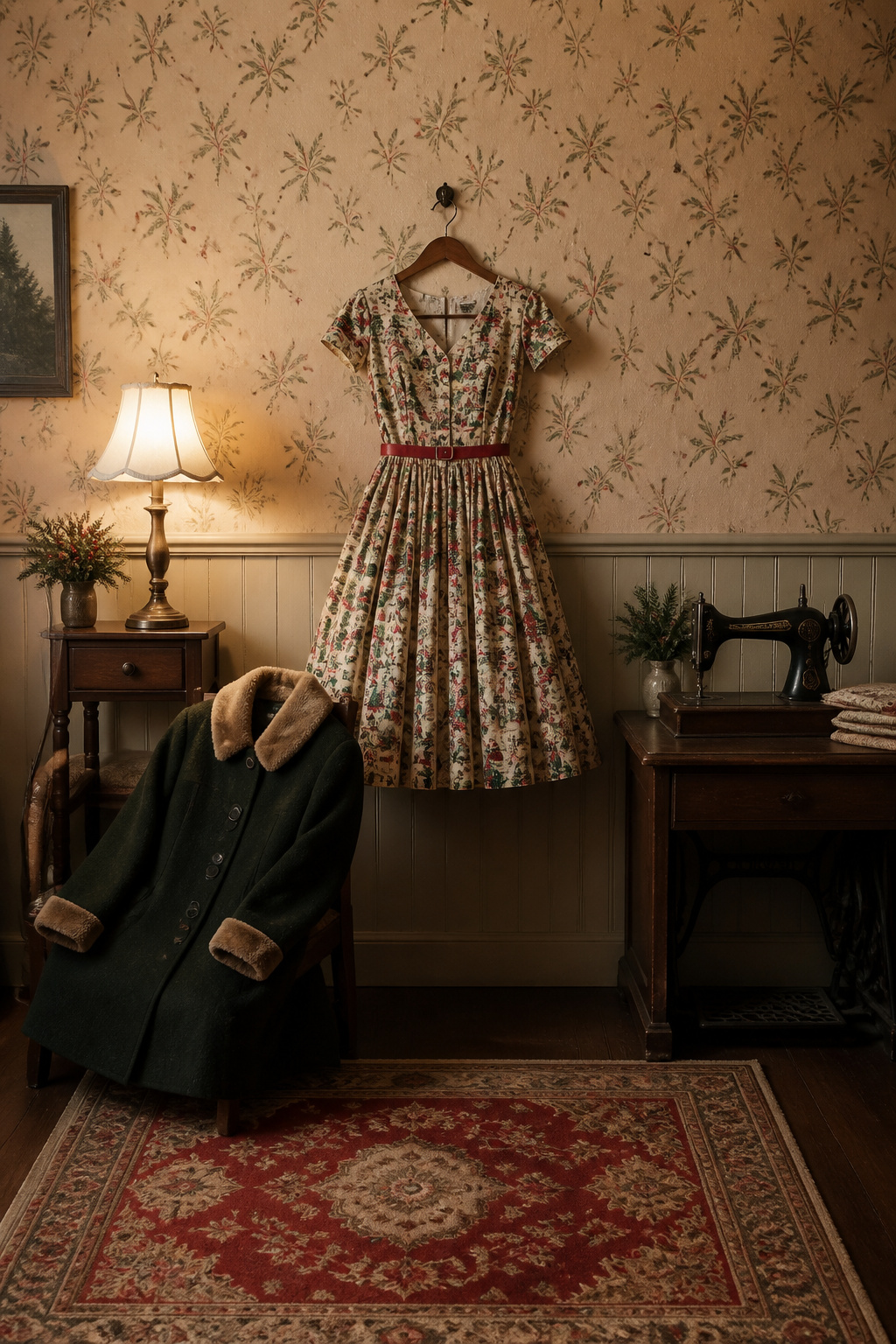 A vintage dress with a full skirt and holiday patterns on display.
