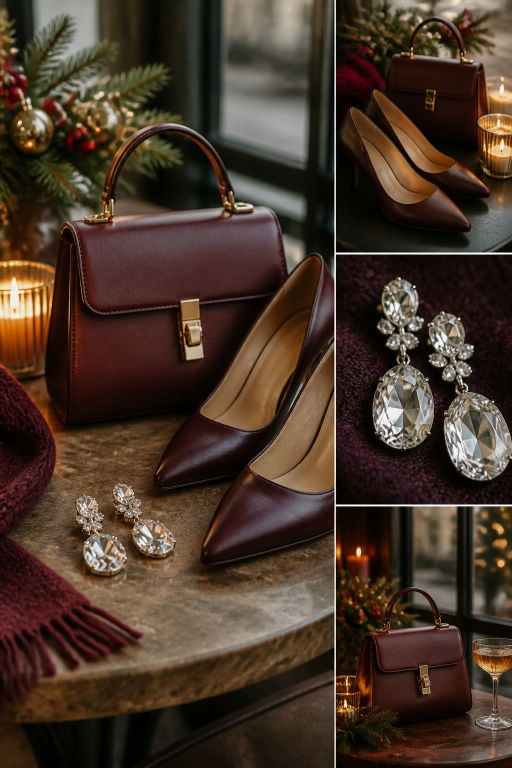 Oversized earrings and a metallic clutch next to a black dress.