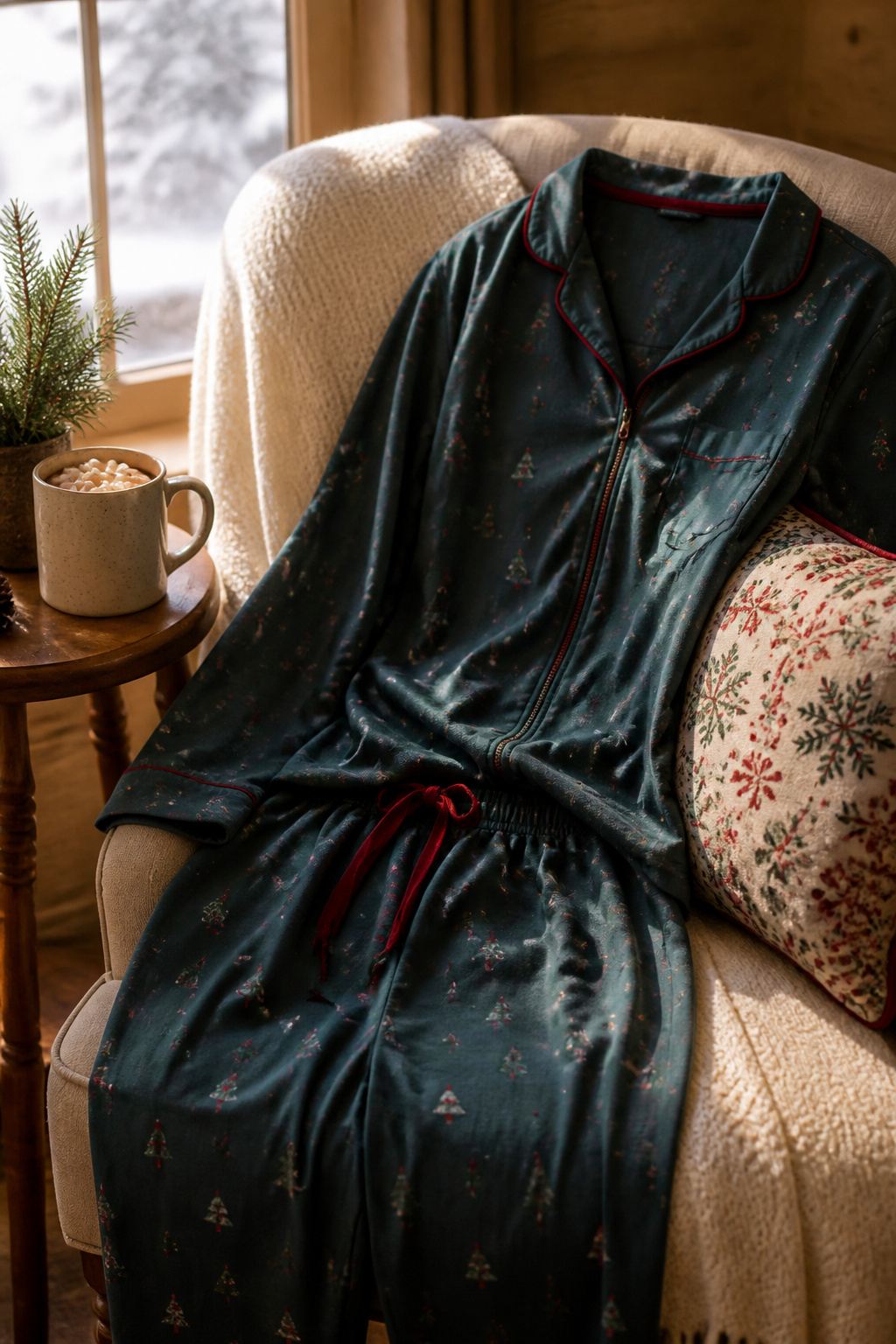 Close-up of a pajama set with a drawstring waistband and zipper detail.