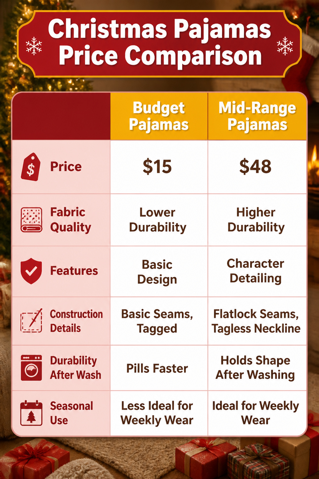 Price comparison chart for various Christmas pajamas.