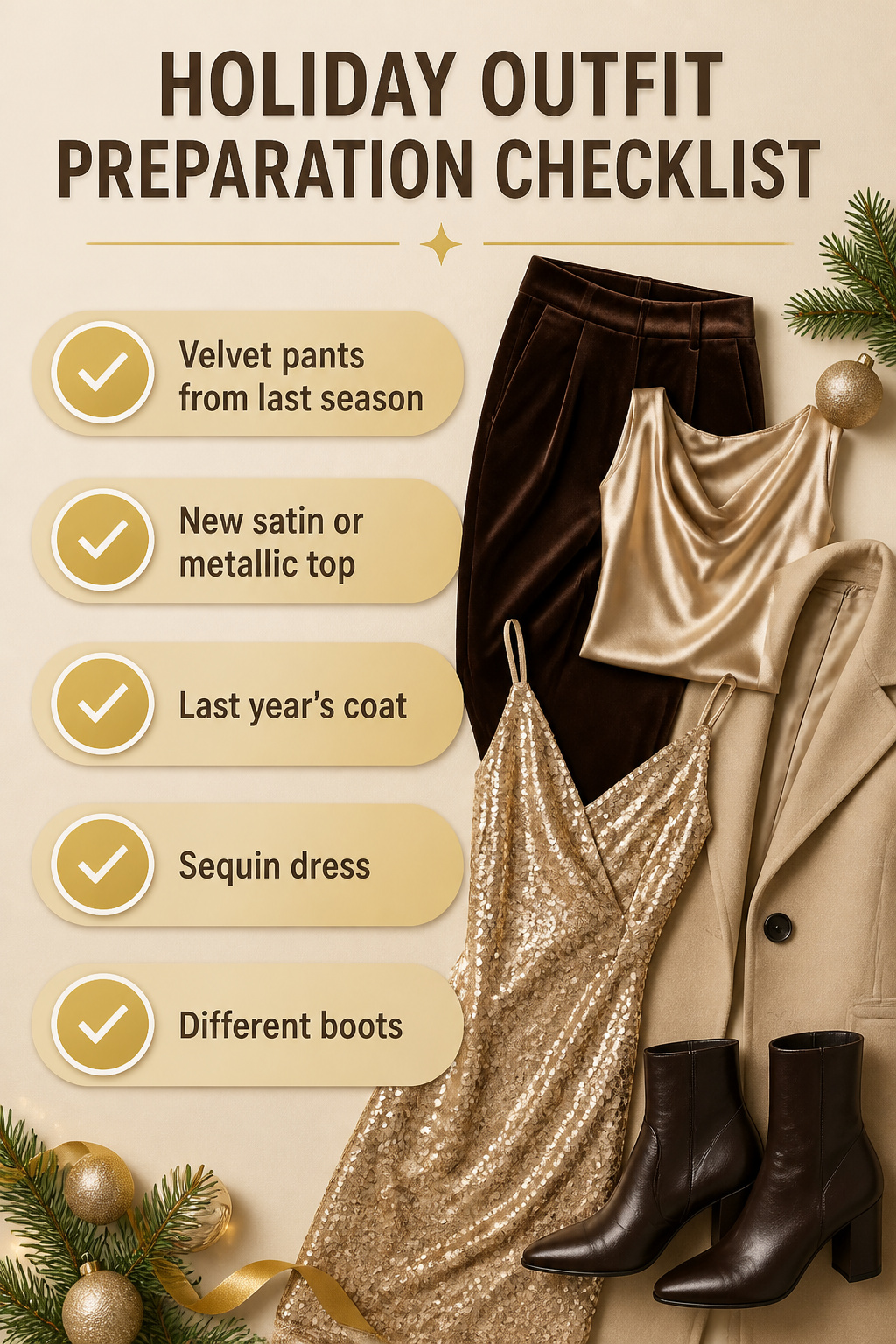 A mix of holiday outfit elements laid out for styling.