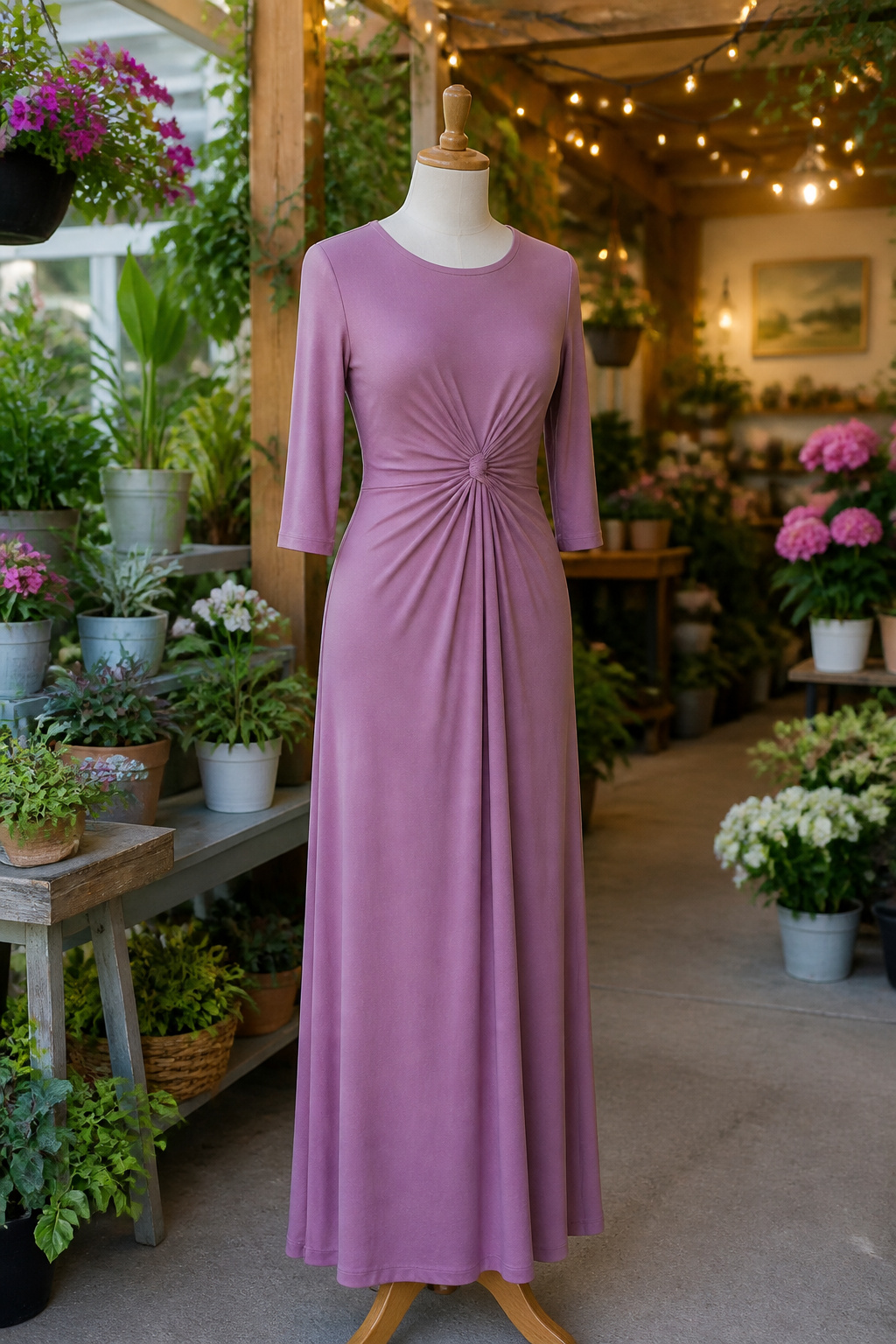 A maxi dress on a mannequin in a garden store filled with plants.