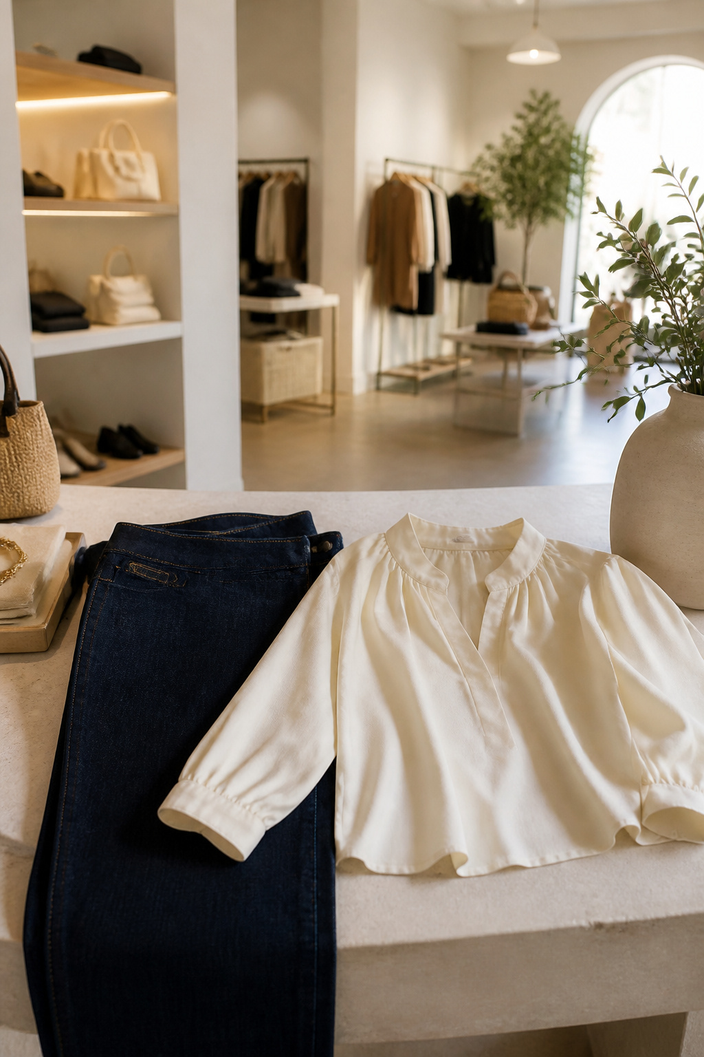 Tailored jeans and a blouse displayed in an upscale urban boutique.