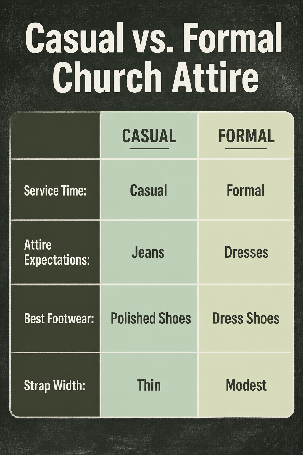 An informational image comparing casual and formal church attire.