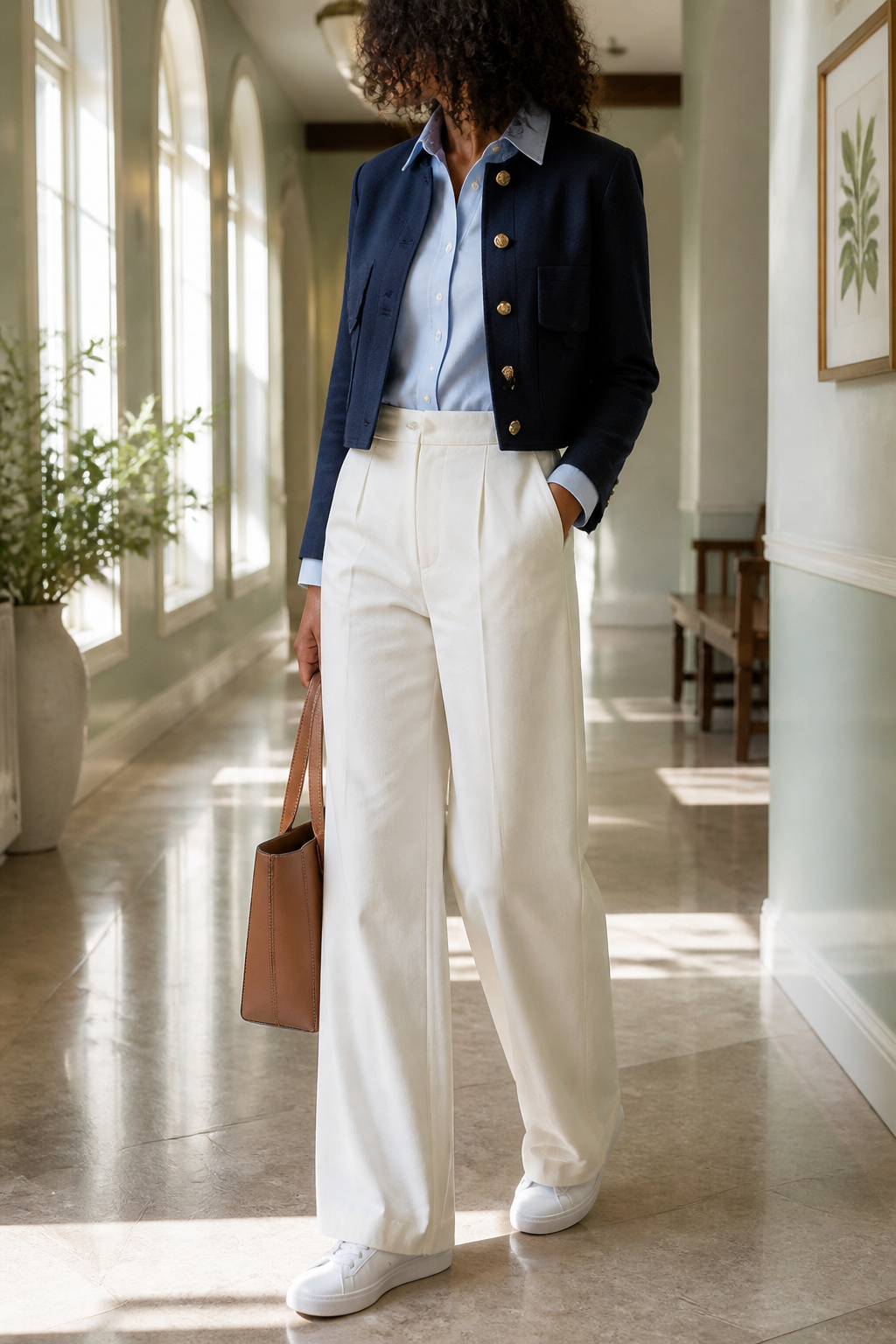 A model showcases wide leg pants and a button-down shirt with sneakers.