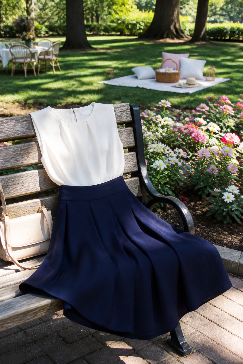 A fit-and-flare dress draped on a park bench in a sunny setting.