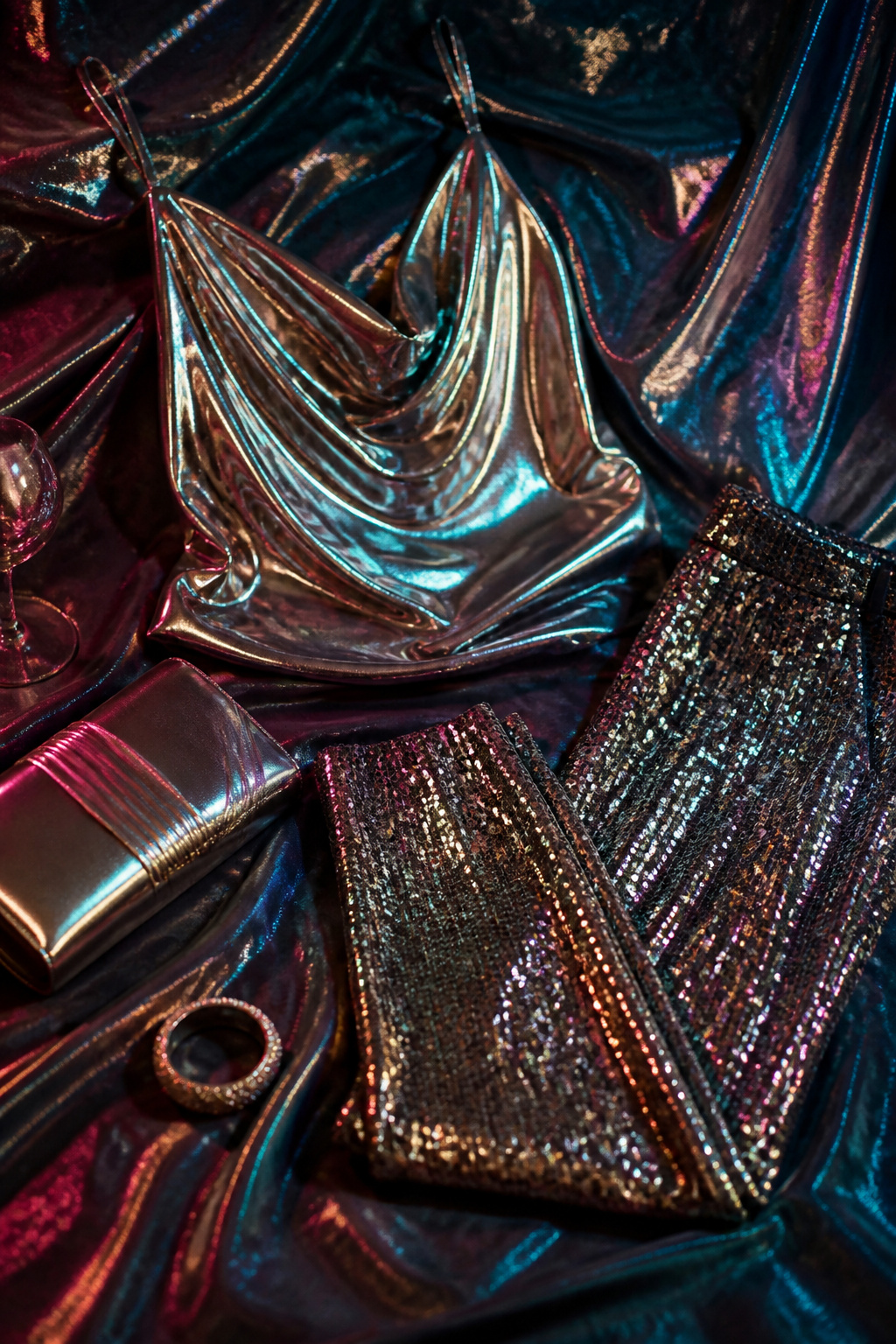 A metallic top and folded sequined pants showcased against a textured backdrop.