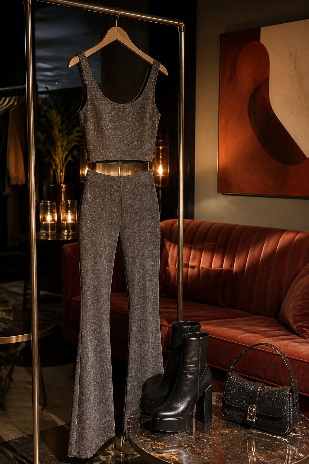 A matching crop top and flared pants co-ord set displayed on a hanger.