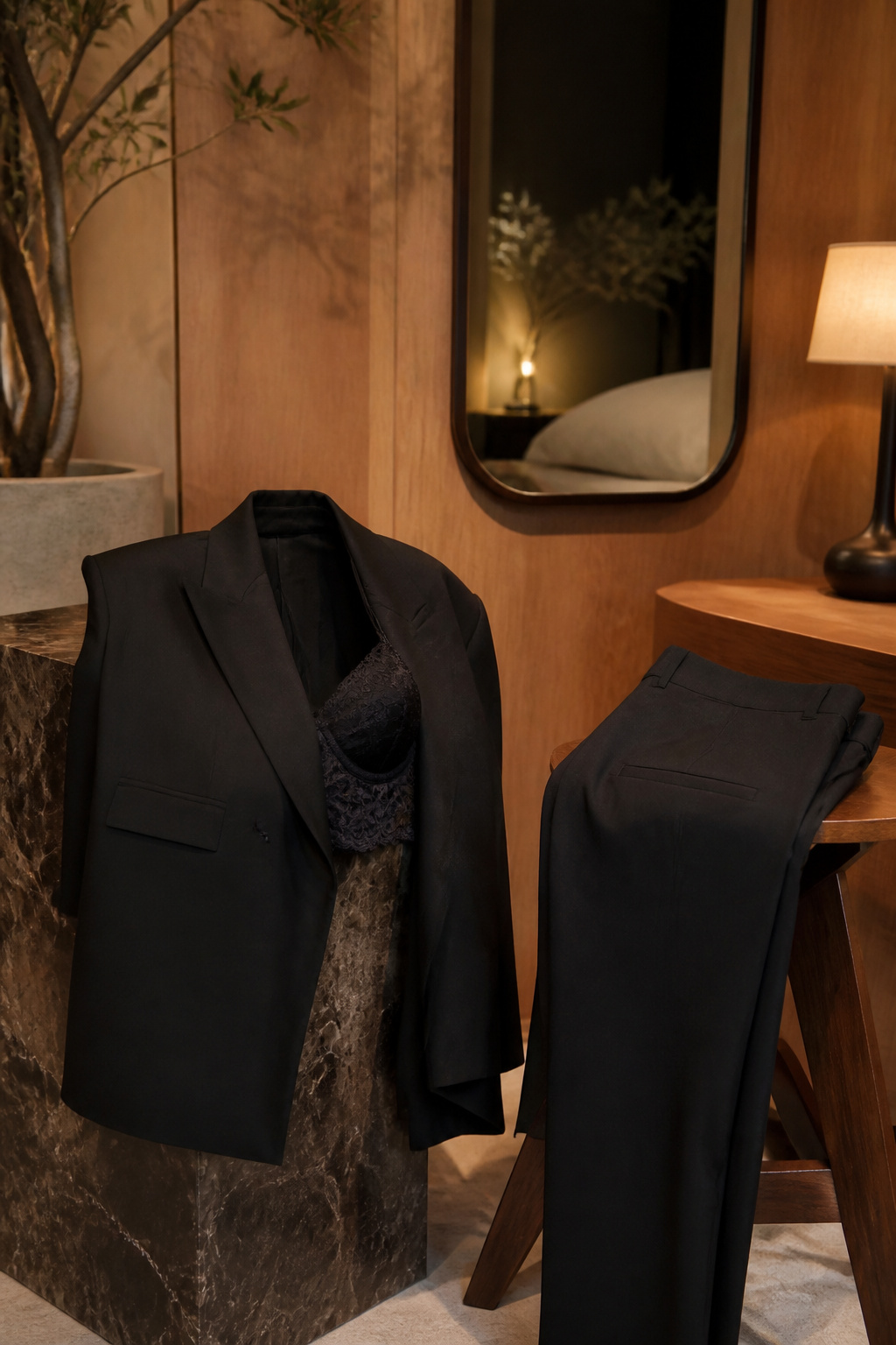 An oversized black blazer displayed with tailored pants nearby.
