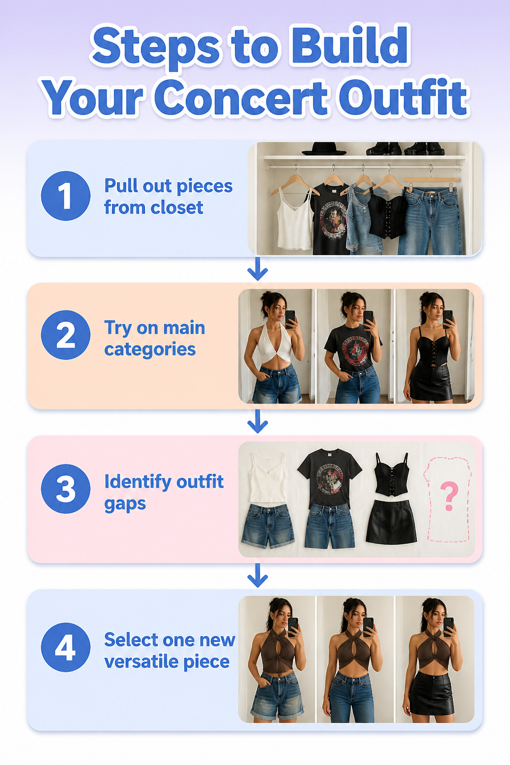 Steps to create a concert outfit using existing wardrobe pieces.