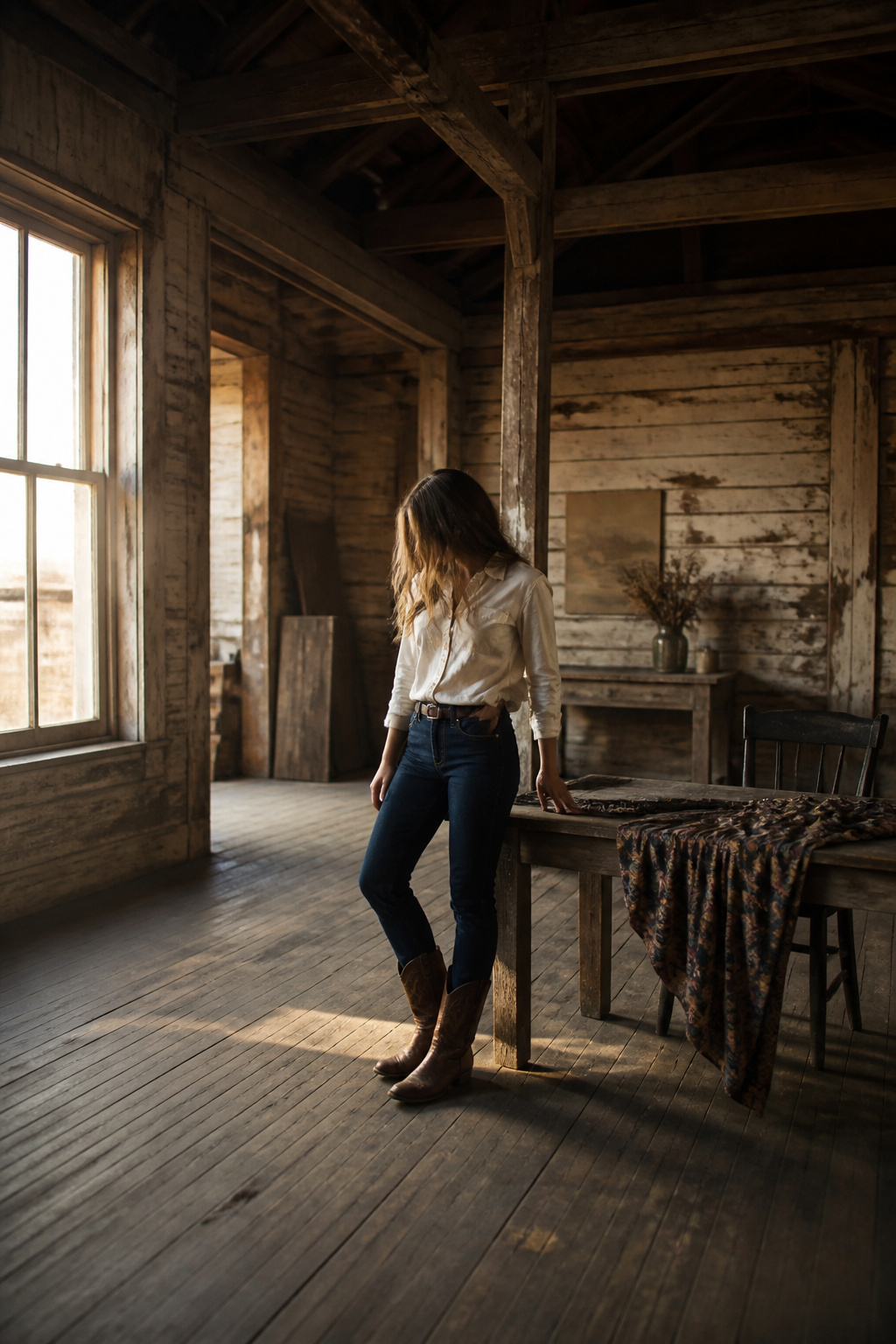 Dark rinse denim jeans styled for a country concert setting.