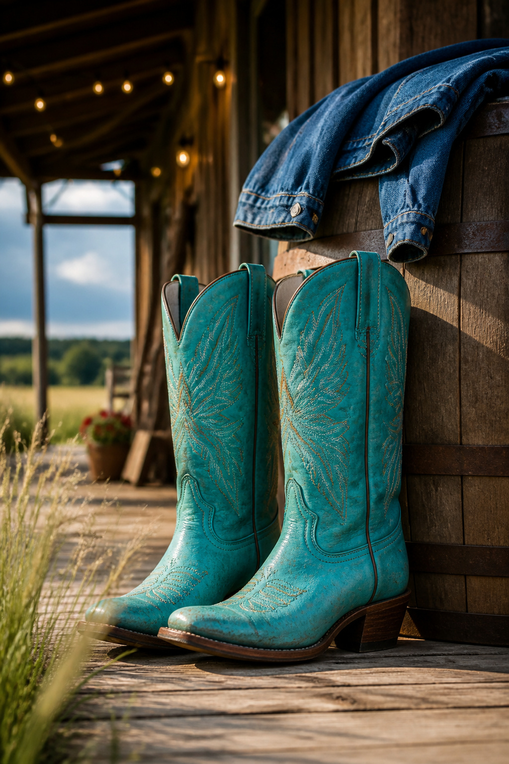 A pair of colorful cowgirl boots displayed on a rustic background.