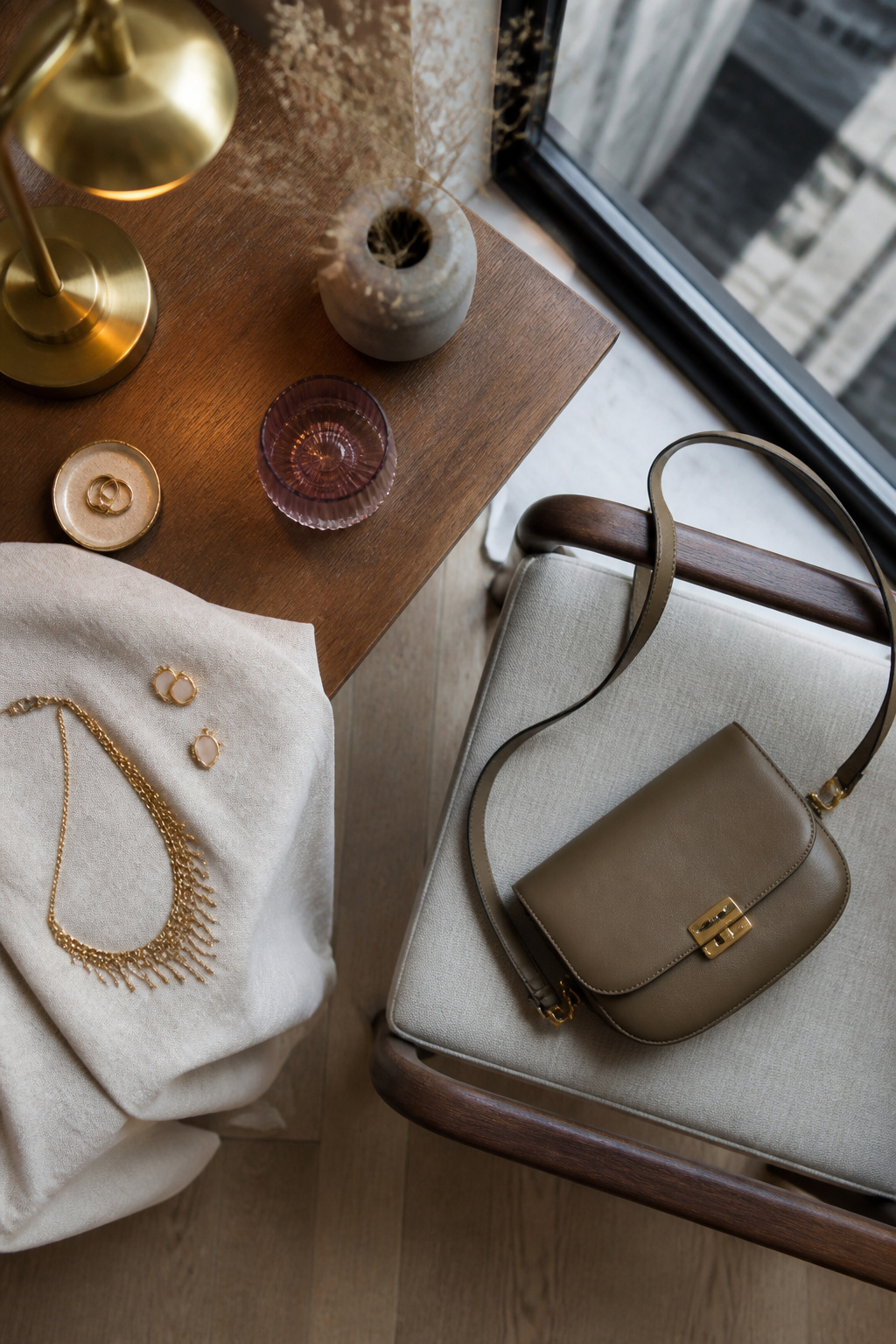 Display of accessories including bags and jewelry for date outfits.