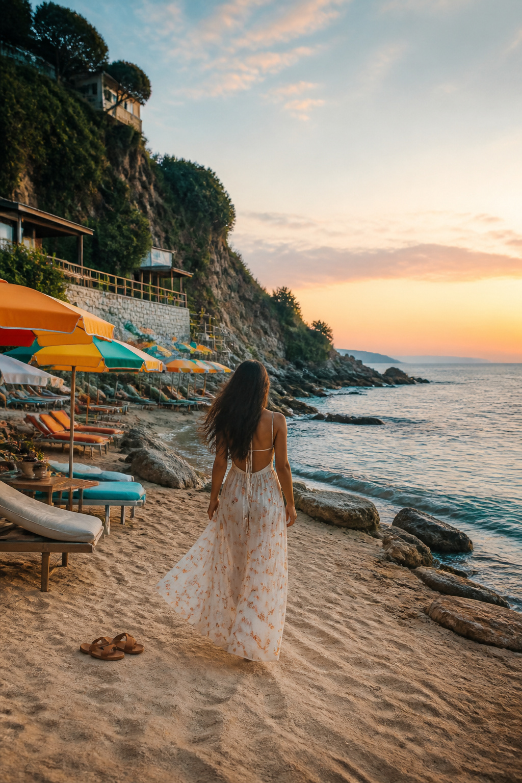 Model wearing a halter maxi dress and flat sandals by the waterfront.