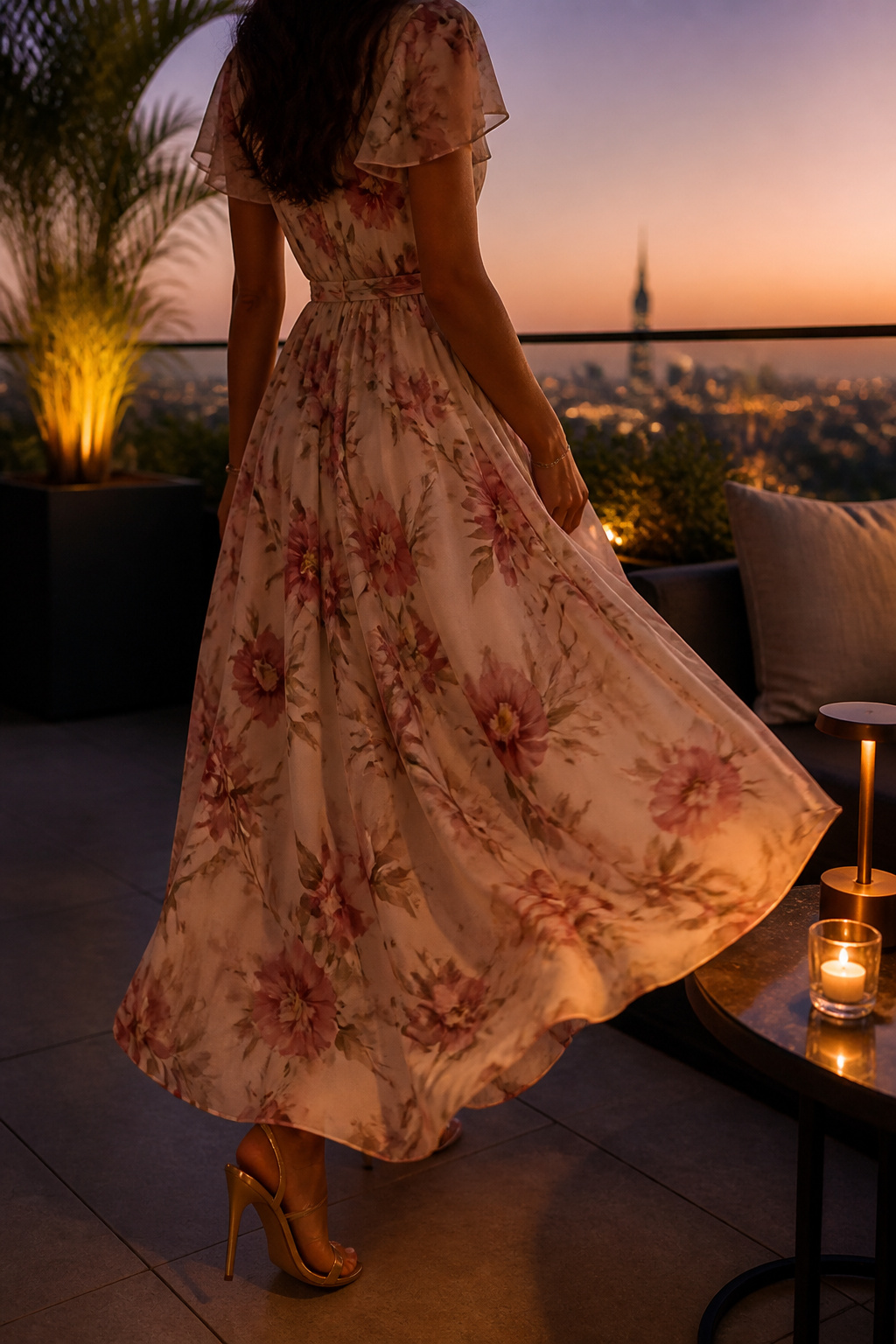Model wearing a floral dress with a longer hemline for a special occasion.