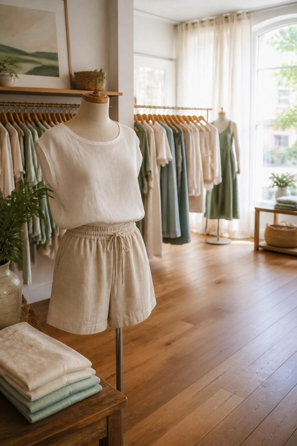 Display of cotton and linen blend fabrics in a boutique.