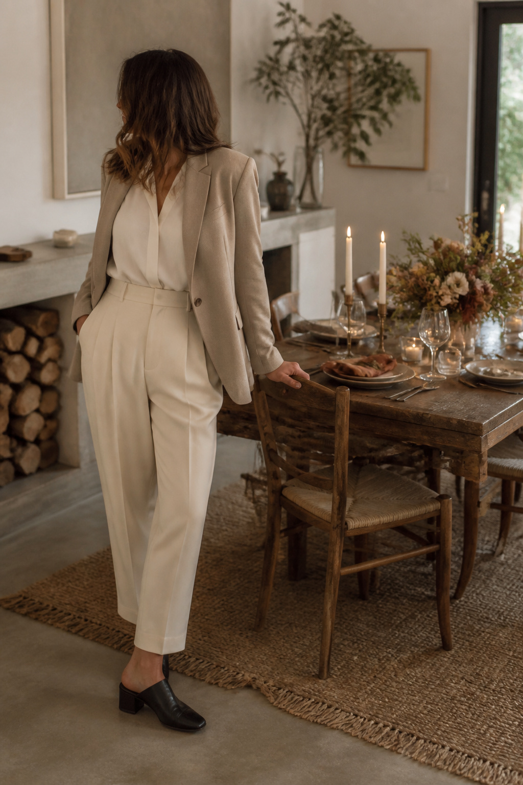 A model in a blazer and trousers in a cozy dining space.