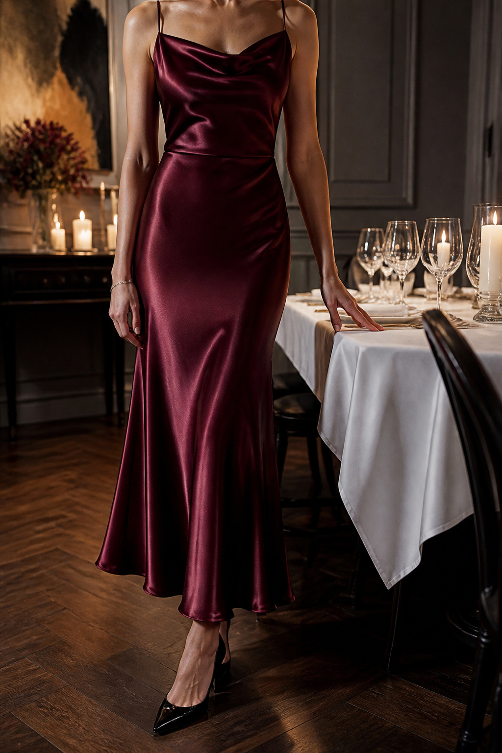 A model wearing a formal dress in a sophisticated dining area.