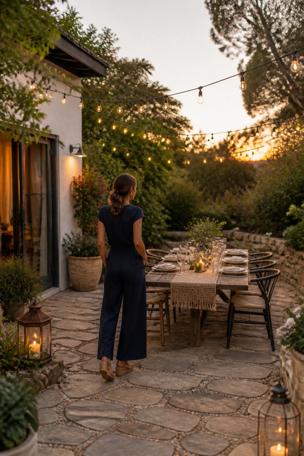 A model in outdoor attire at a backyard dinner party.