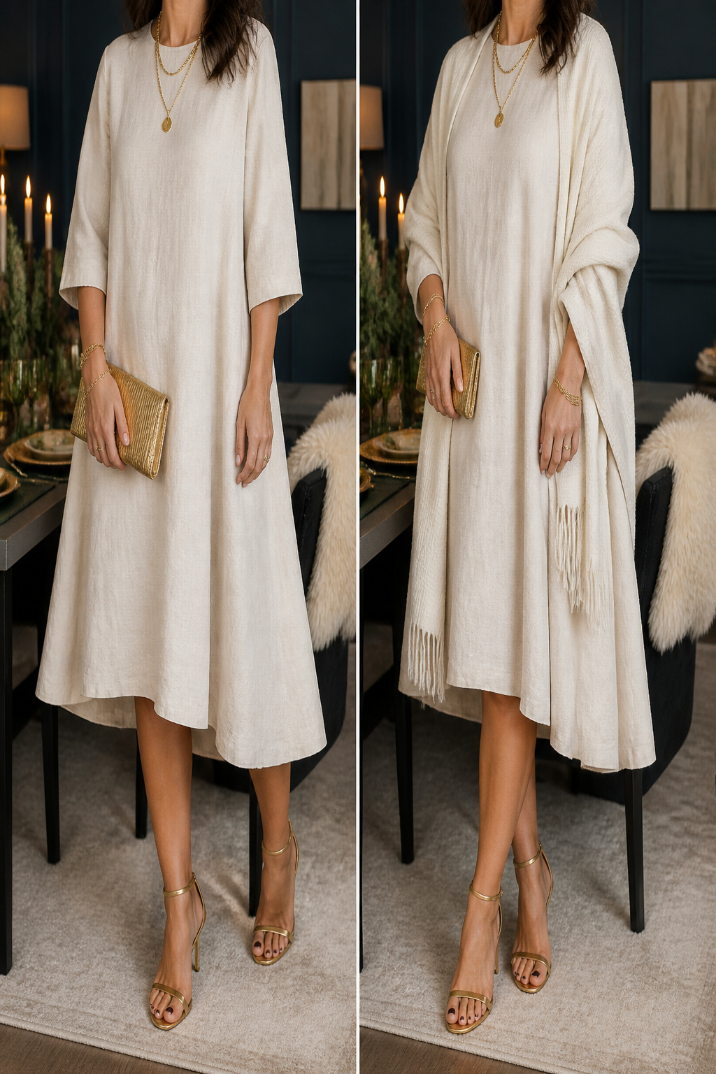 A model in winter attire in an upscale dining room.