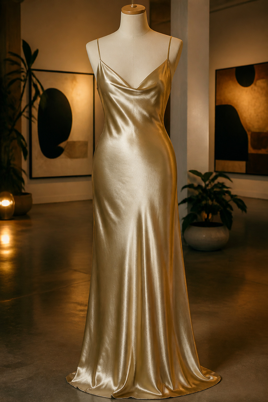 A satin slip dress with thin straps displayed in soft light.