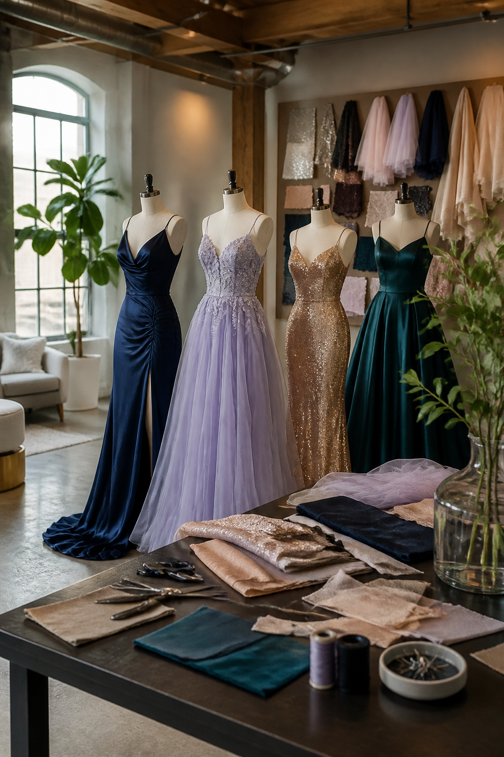 Different fabrics like silk, tulle, and sequins arranged together.