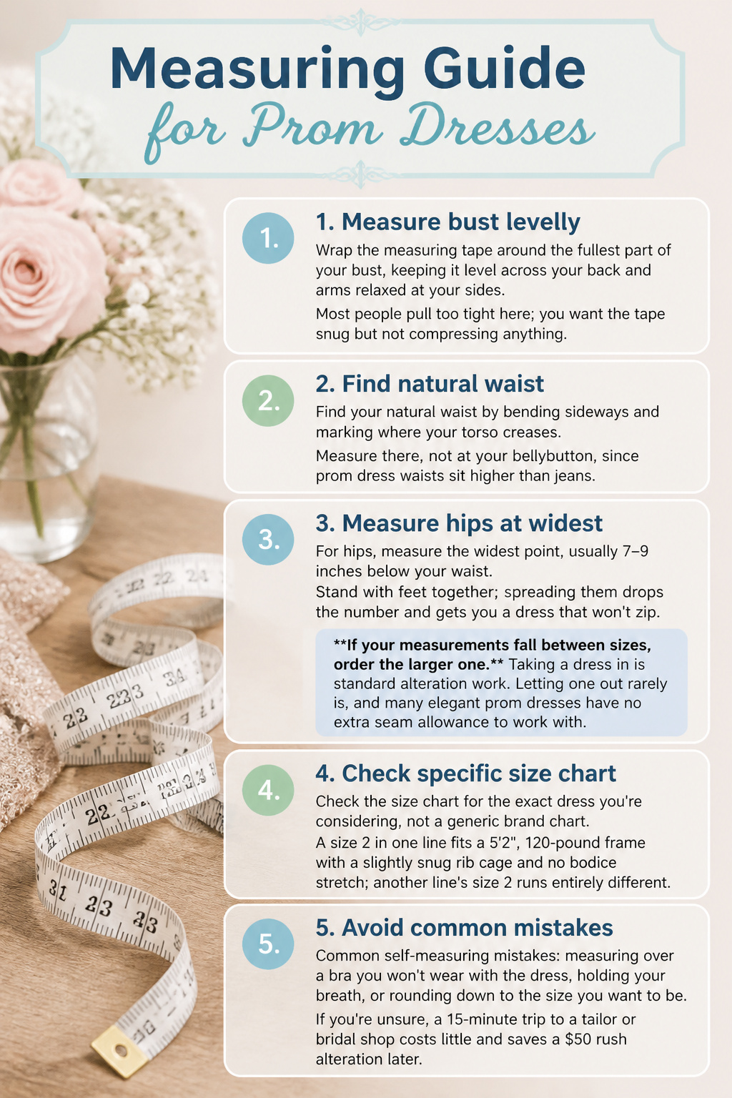 A guide showing steps to measure for prom dress sizing.
