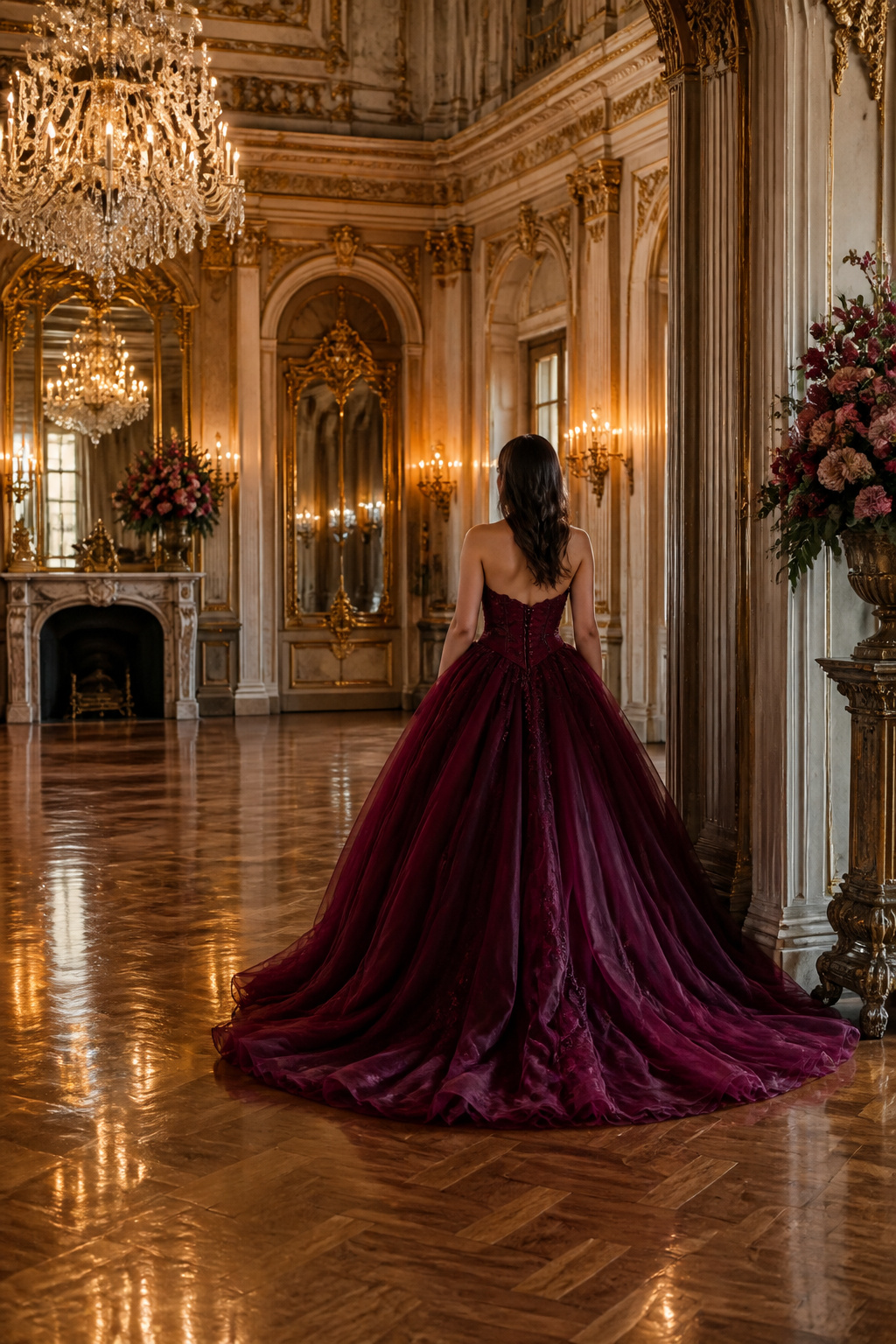 A ball gown with a fitted bodice and a full tulle skirt.