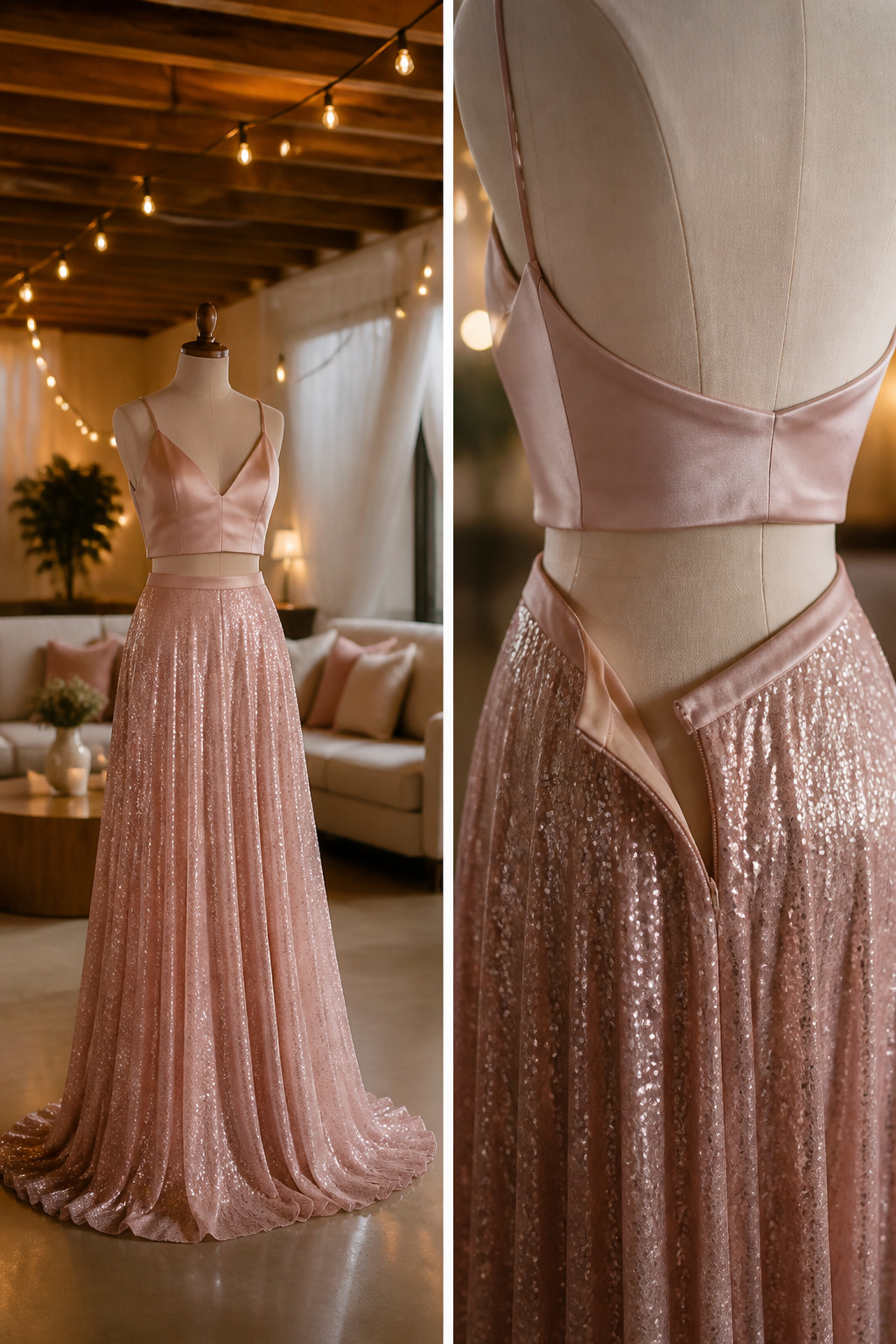 A two-piece prom dress featuring a crop top and a maxi skirt.