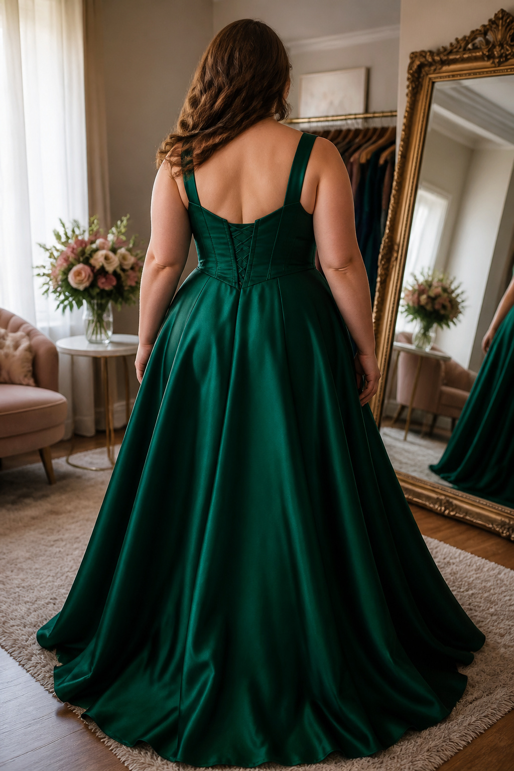 A plus size prom dress with a structured bodice and A-line skirt.