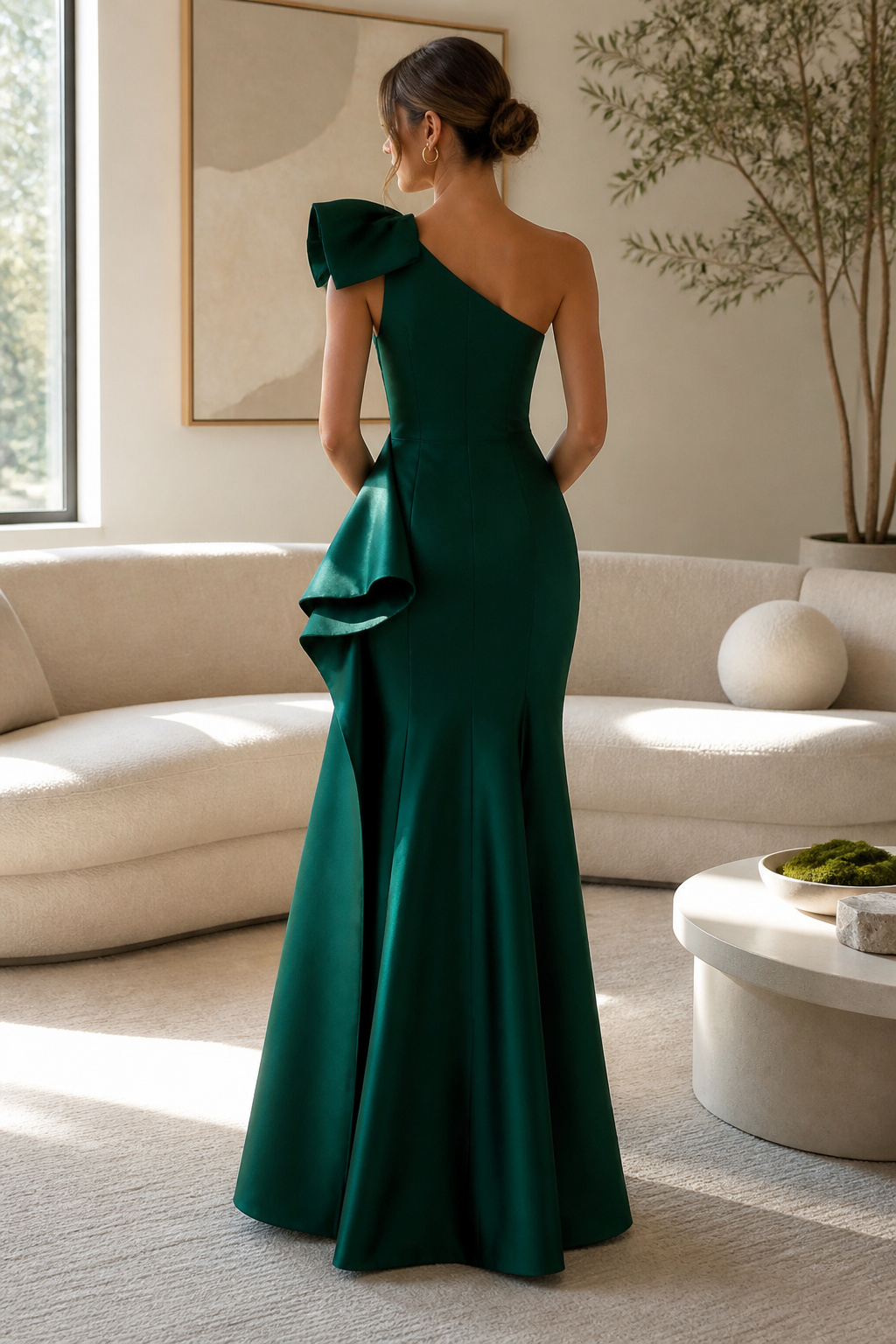 An emerald green dress with a distinctive silhouette and minimalist design.