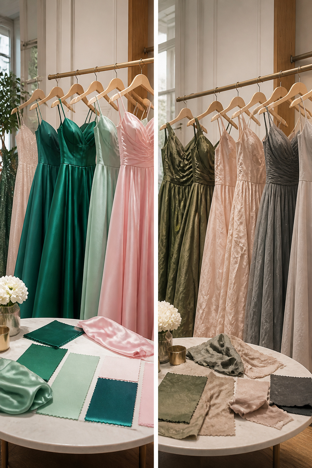 Swatches of popular prom dress colors including emerald green and pastel pink.