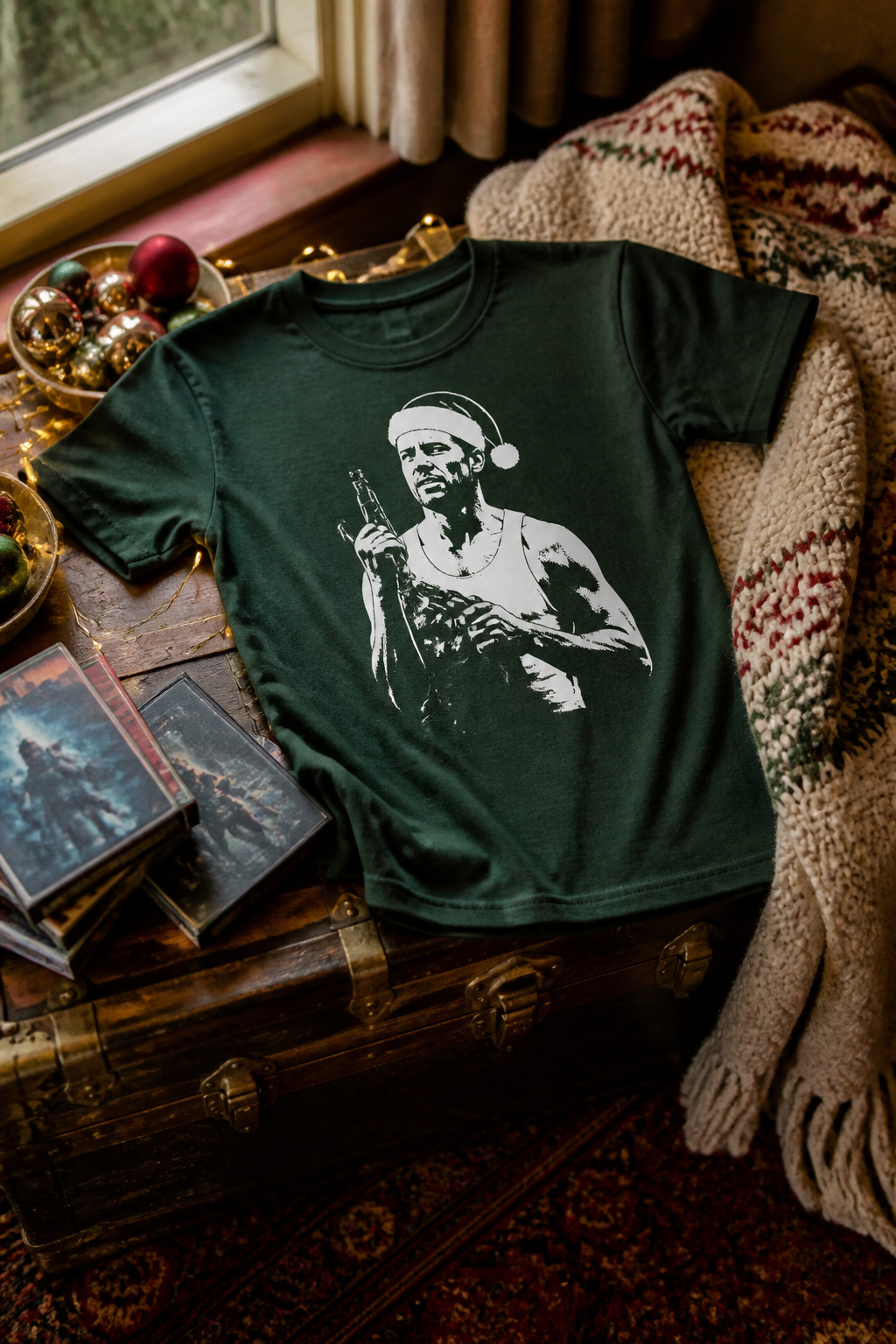 A green T-shirt with white text quoting a line from Die Hard.