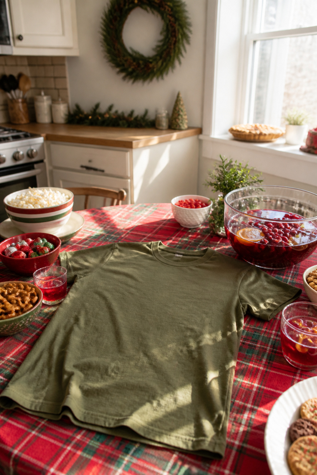 An olive green T-shirt with the phrase about humor and abs.