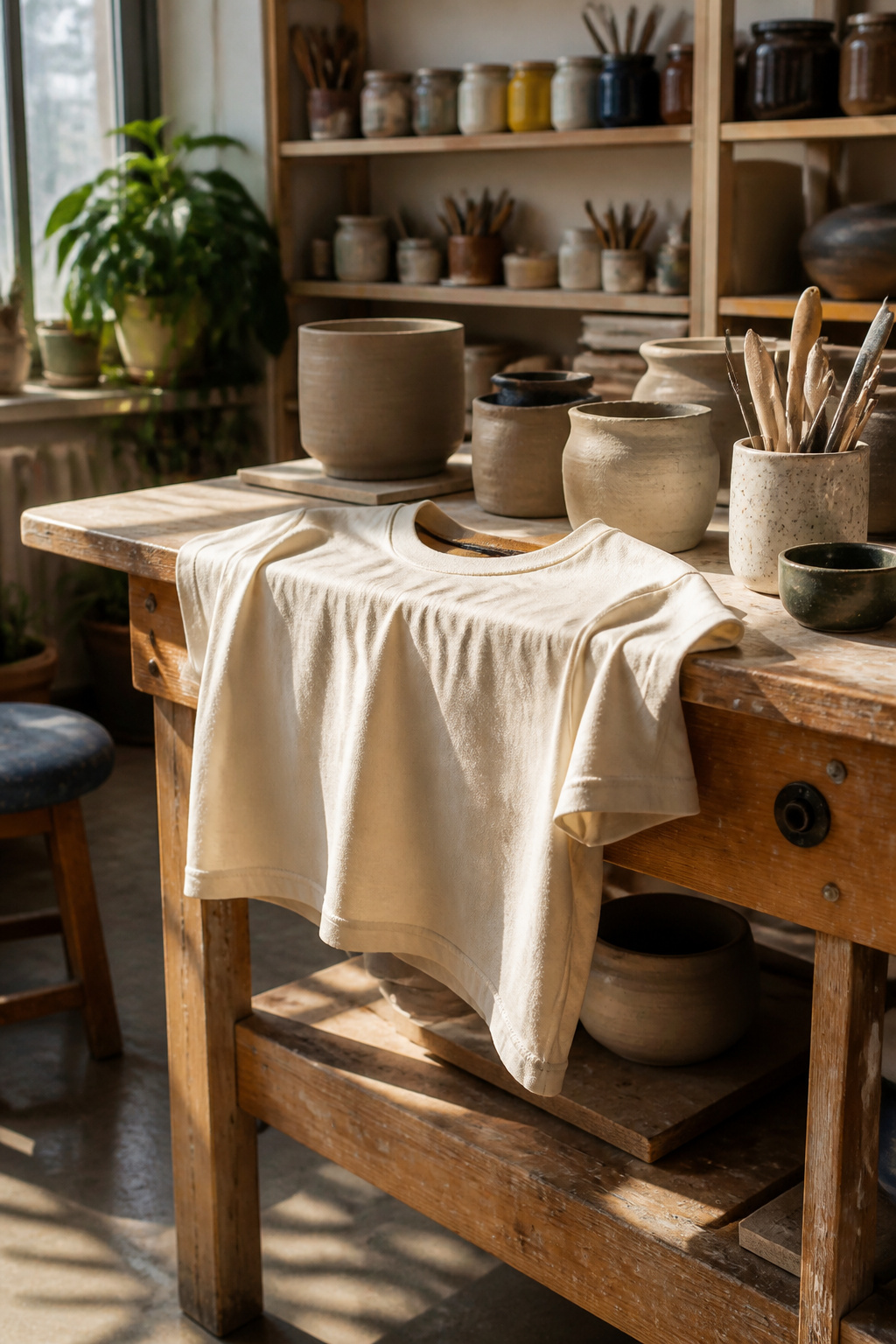 A cream-colored cropped T-shirt with bold text about ceramics.