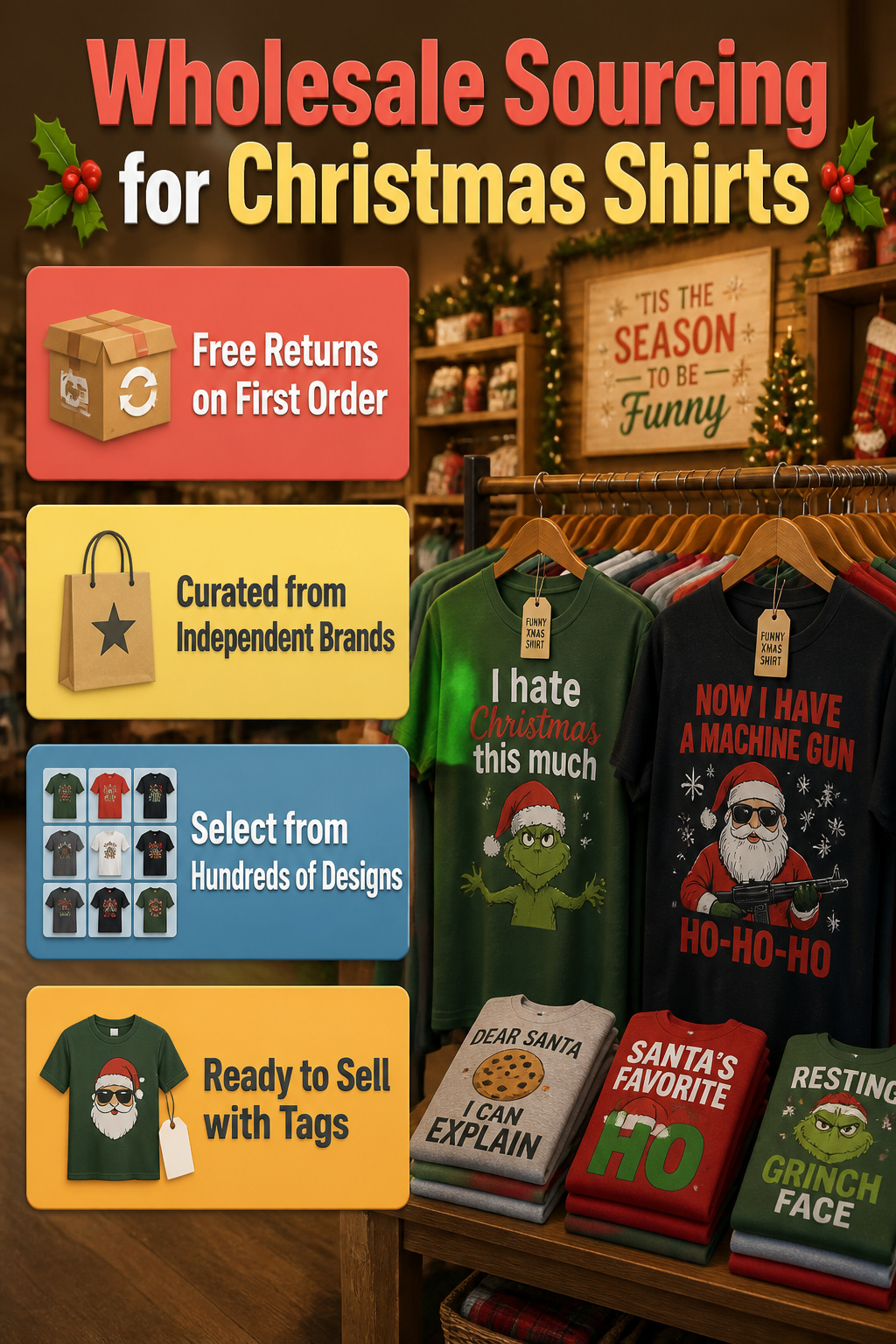 An informational image about sourcing funny Christmas shirts.