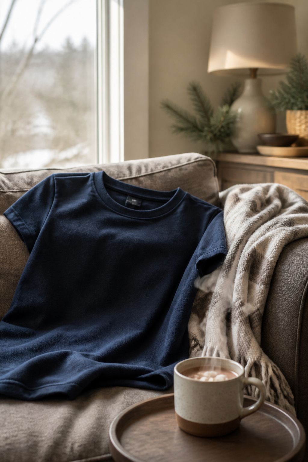 A navy T-shirt with the word 'Napflix' displayed on a sofa.