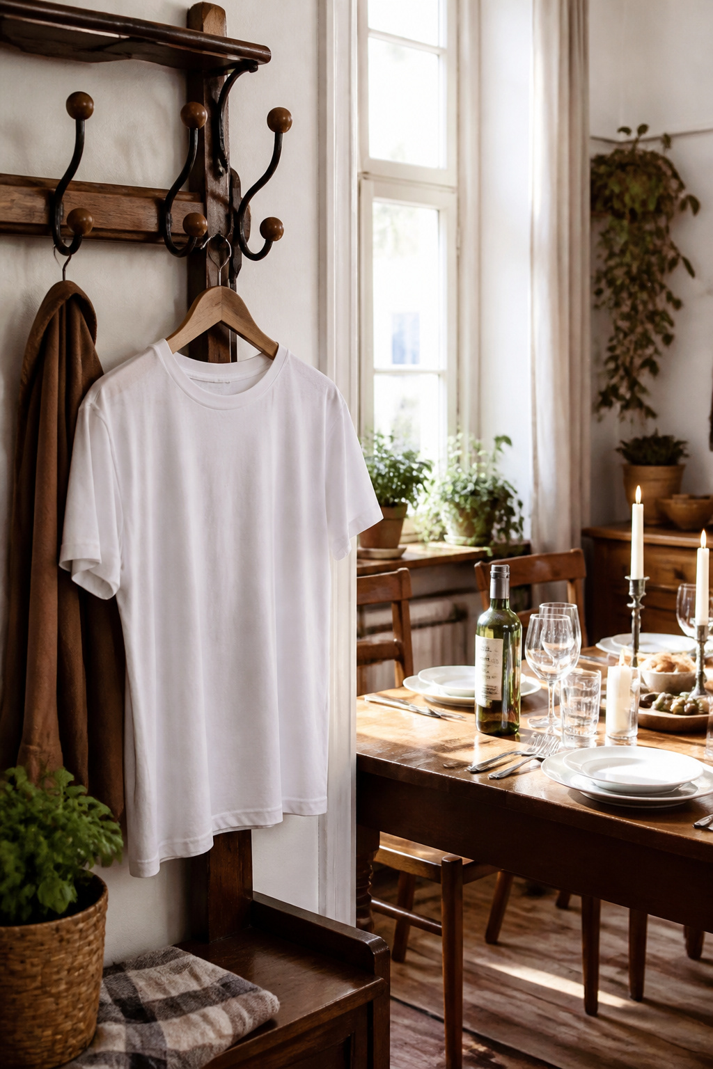 A white T-shirt with navy text hanging on a coat rack.