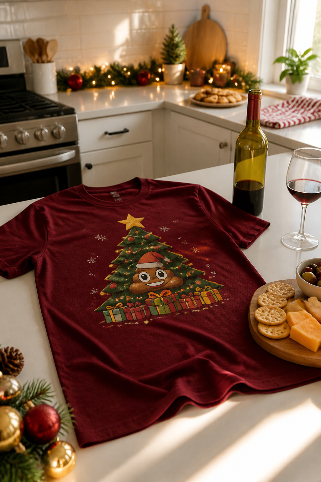 A dark red T-shirt with the phrase 'Sh*t happens' printed on it.