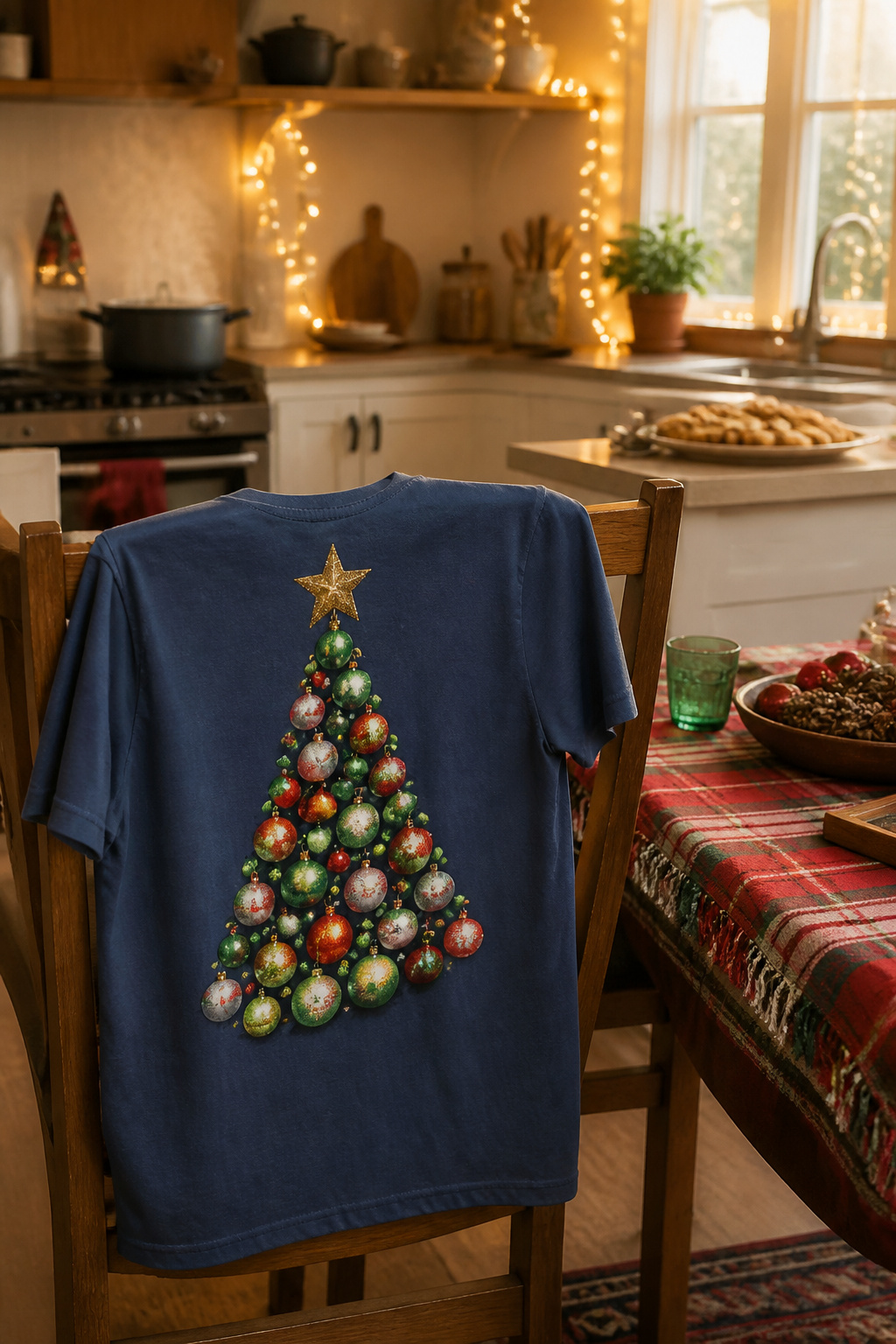 A blue T-shirt with bold text saying 'Balls Deep In Christmas'.