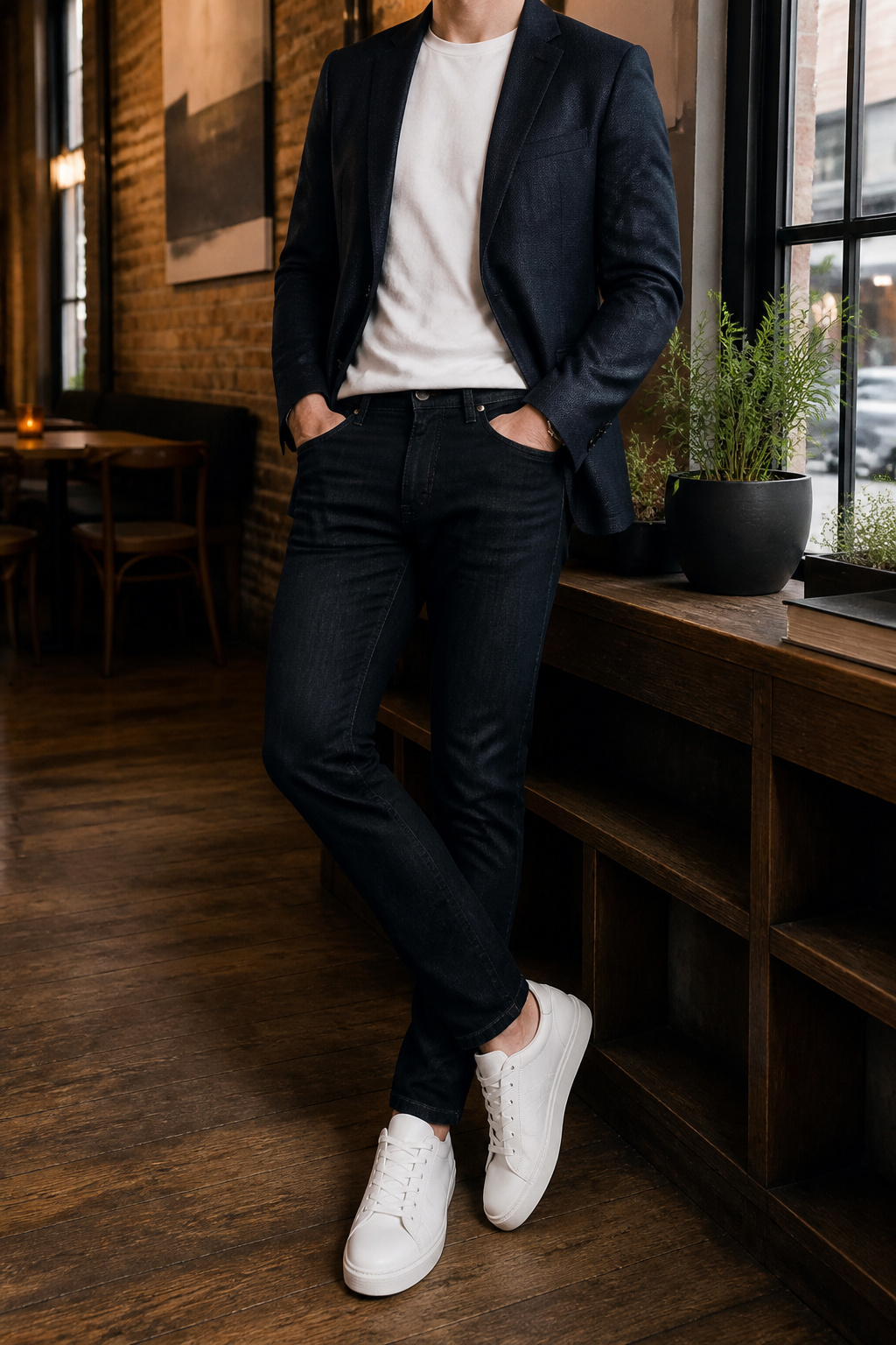 Dark-wash jeans with a tailored blazer over a white T-shirt.