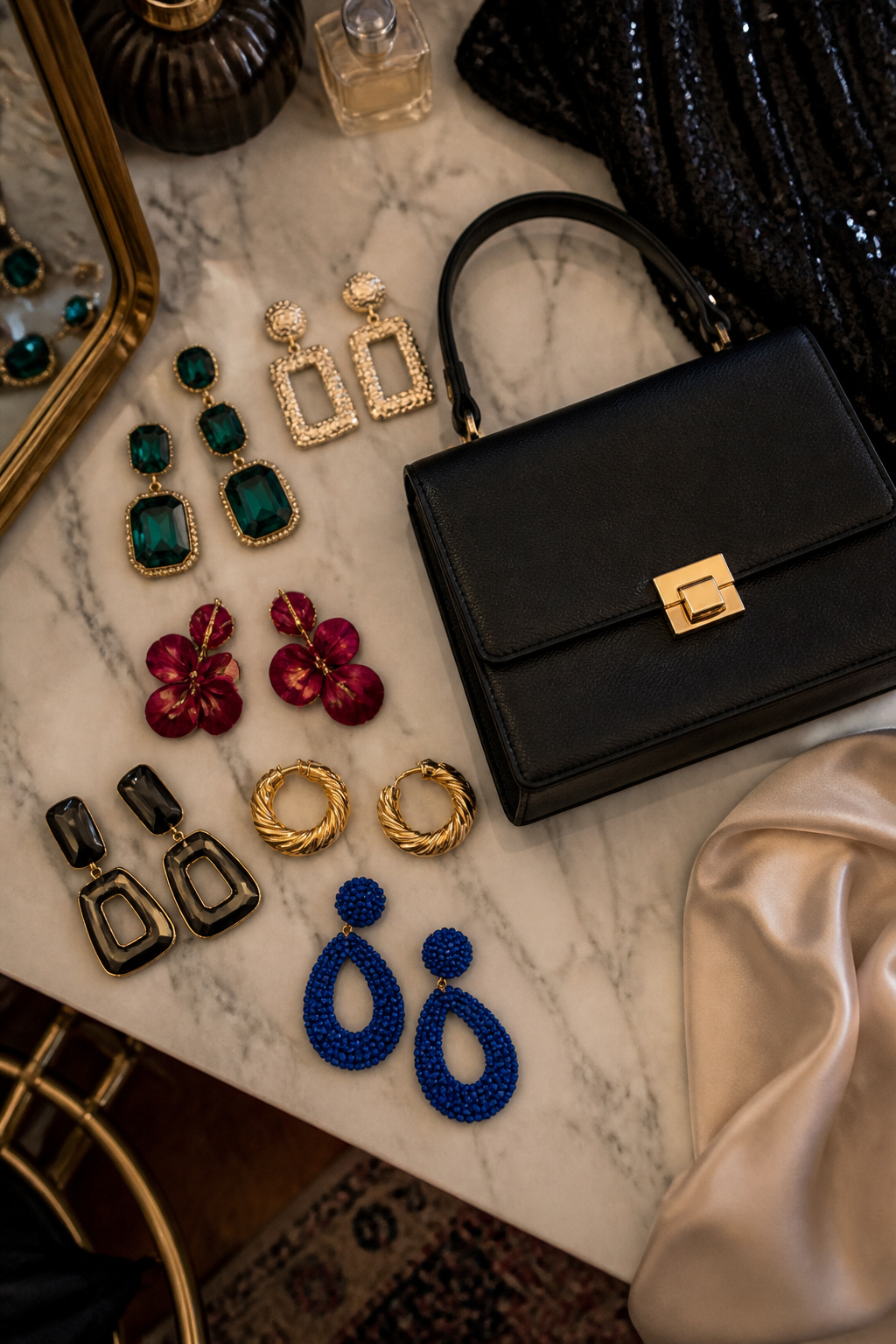 Statement earrings and a sleek shoulder bag as accessories.