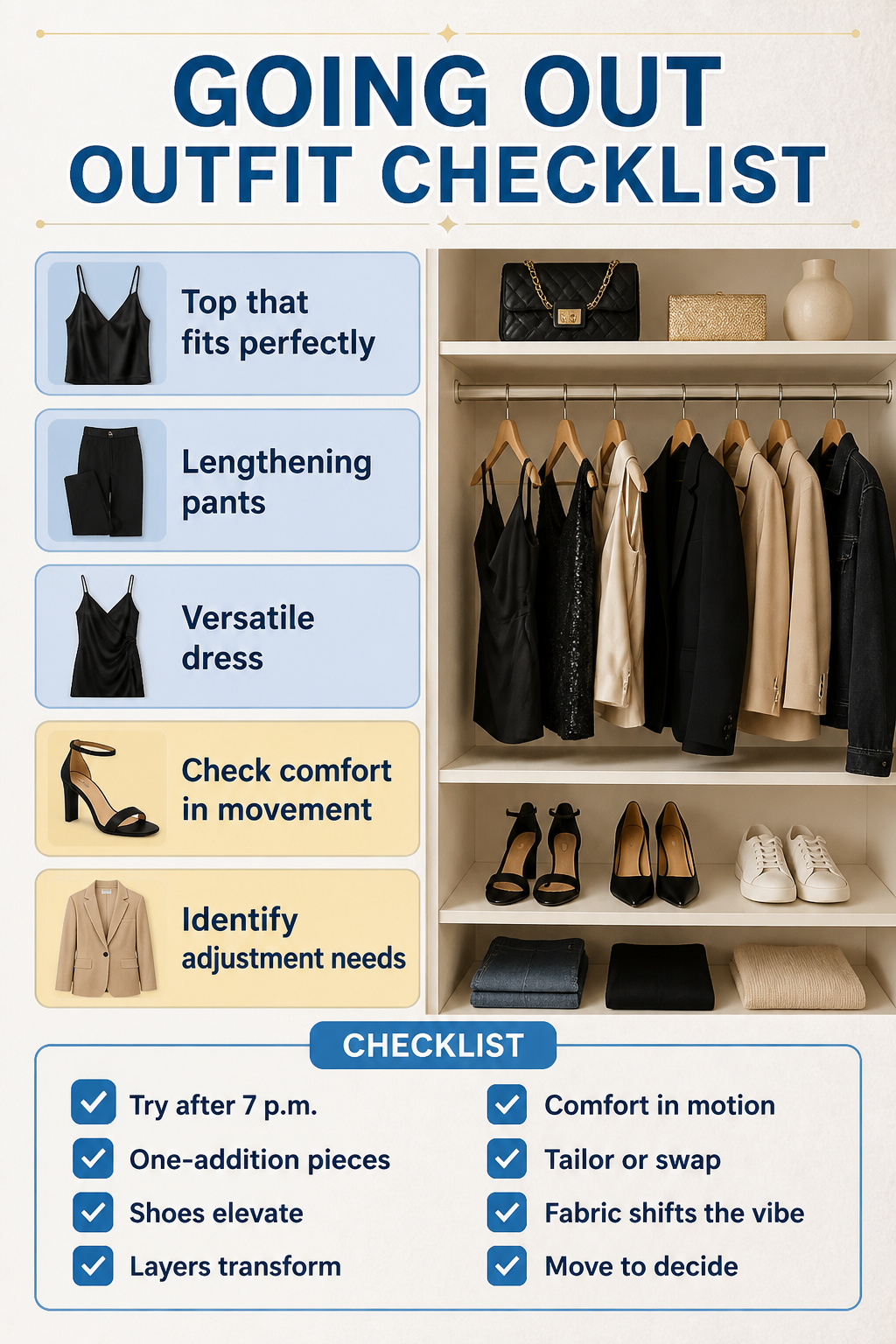 An outfit checklist for creating going out looks from existing items.