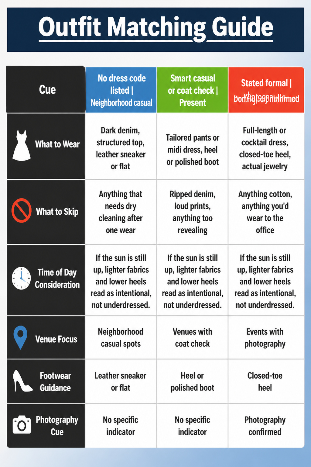 An outfit matching guide for different occasions and dress codes.