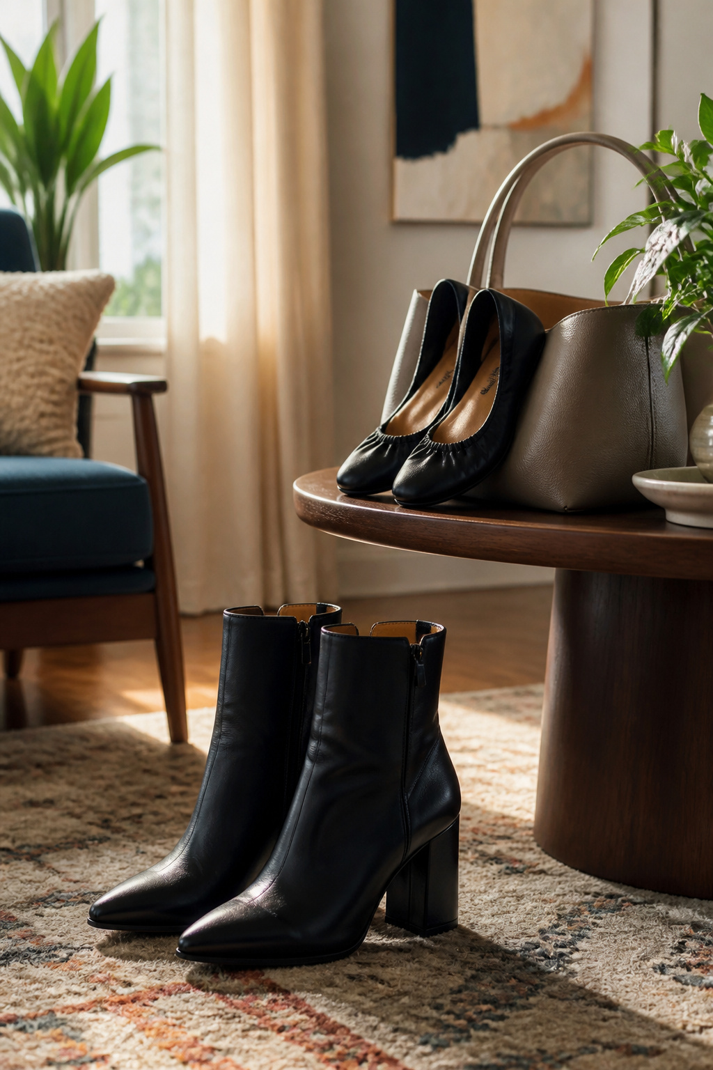 Ankle boots with a sleek leather surface and pointed toe.