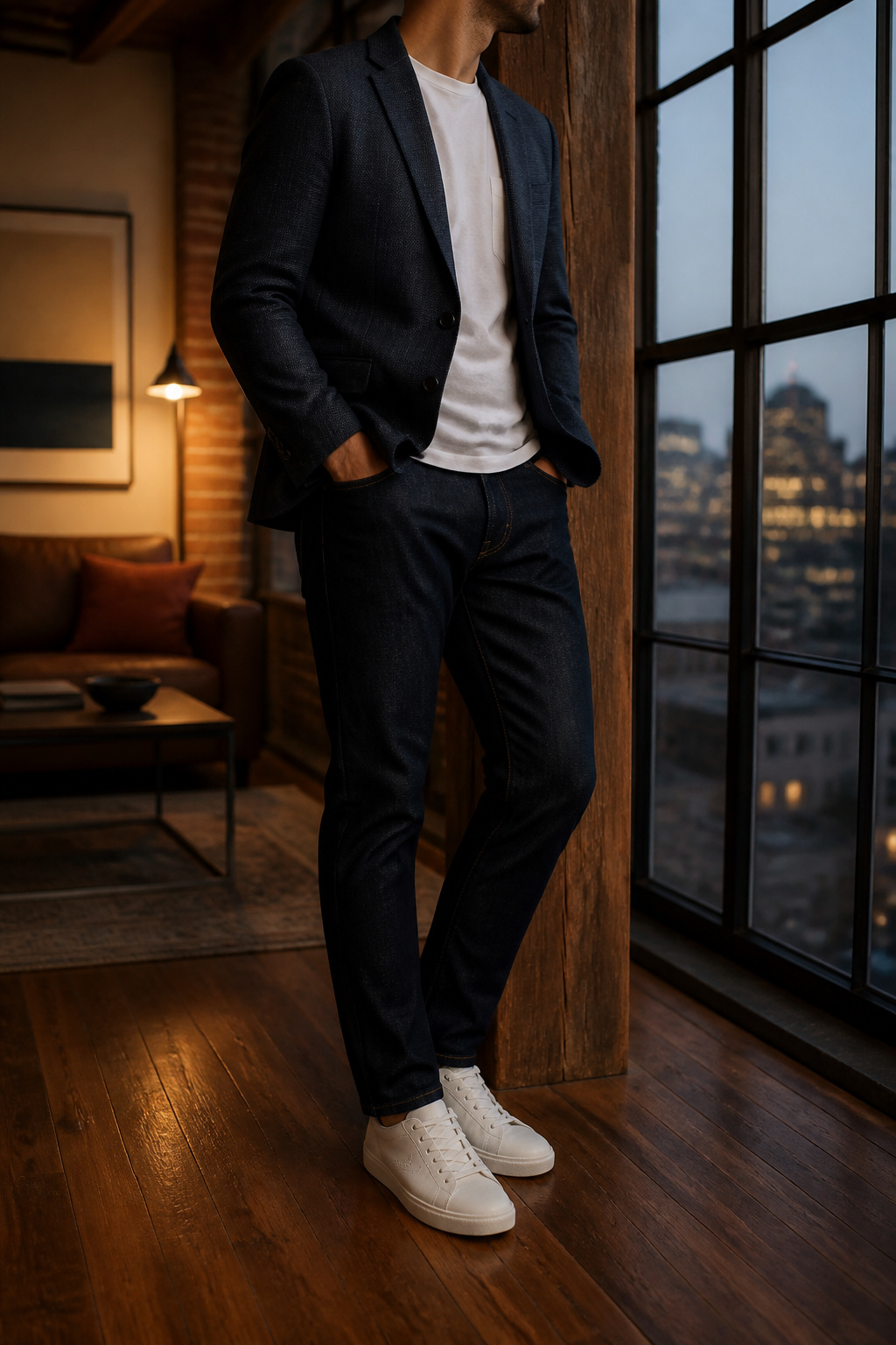 Dark-wash denim paired with a structured blazer and white T-shirt.